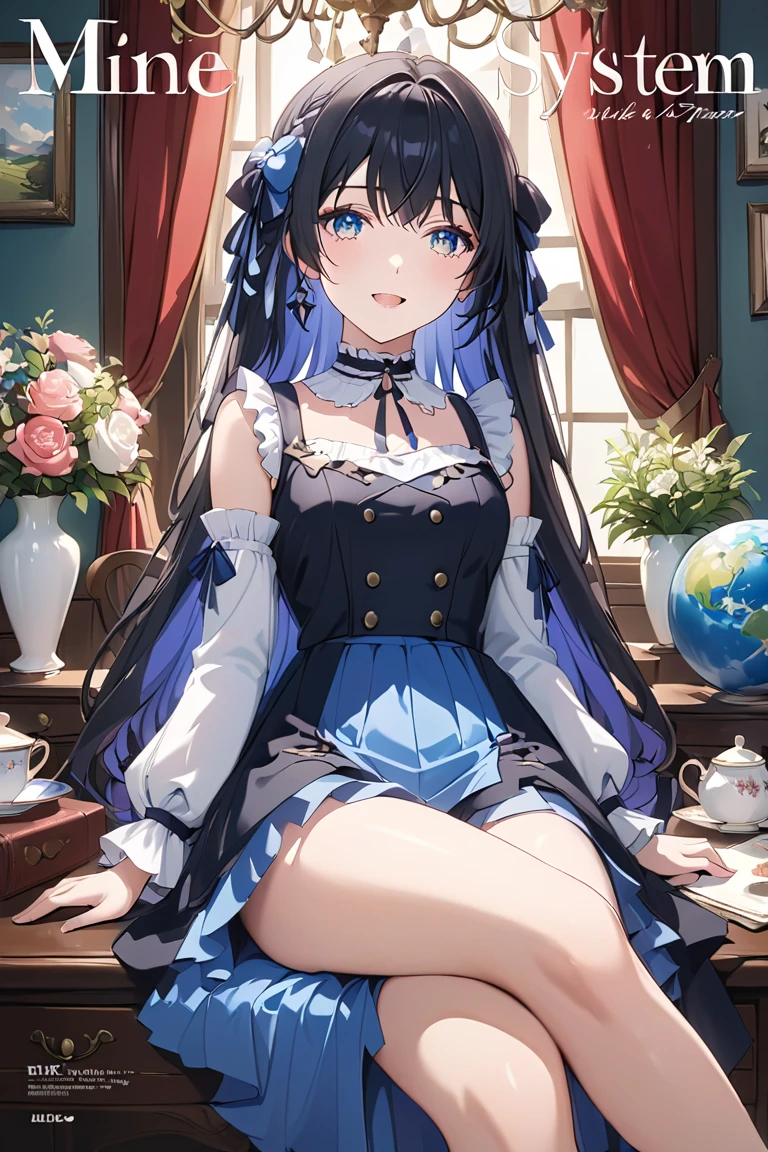 (Masterpiece, Top Quality, Best Quality, Watercolor (Middle), Official Art, Beauty and Aesthetics: 1.2), Bangs, Bare Shoulders, Bells, Black Glove, Black Pantyhose, (Blue Hair), Blush, Beautiful Breasts, Chinese Knot, Off Sleeves, Flower Knot, Water, Liquid, Clouds, Colorful, Starry Dots, Stars, Stockings, Star Diamond Milky Way, Floral Lolita Shoes, Bow Clips;