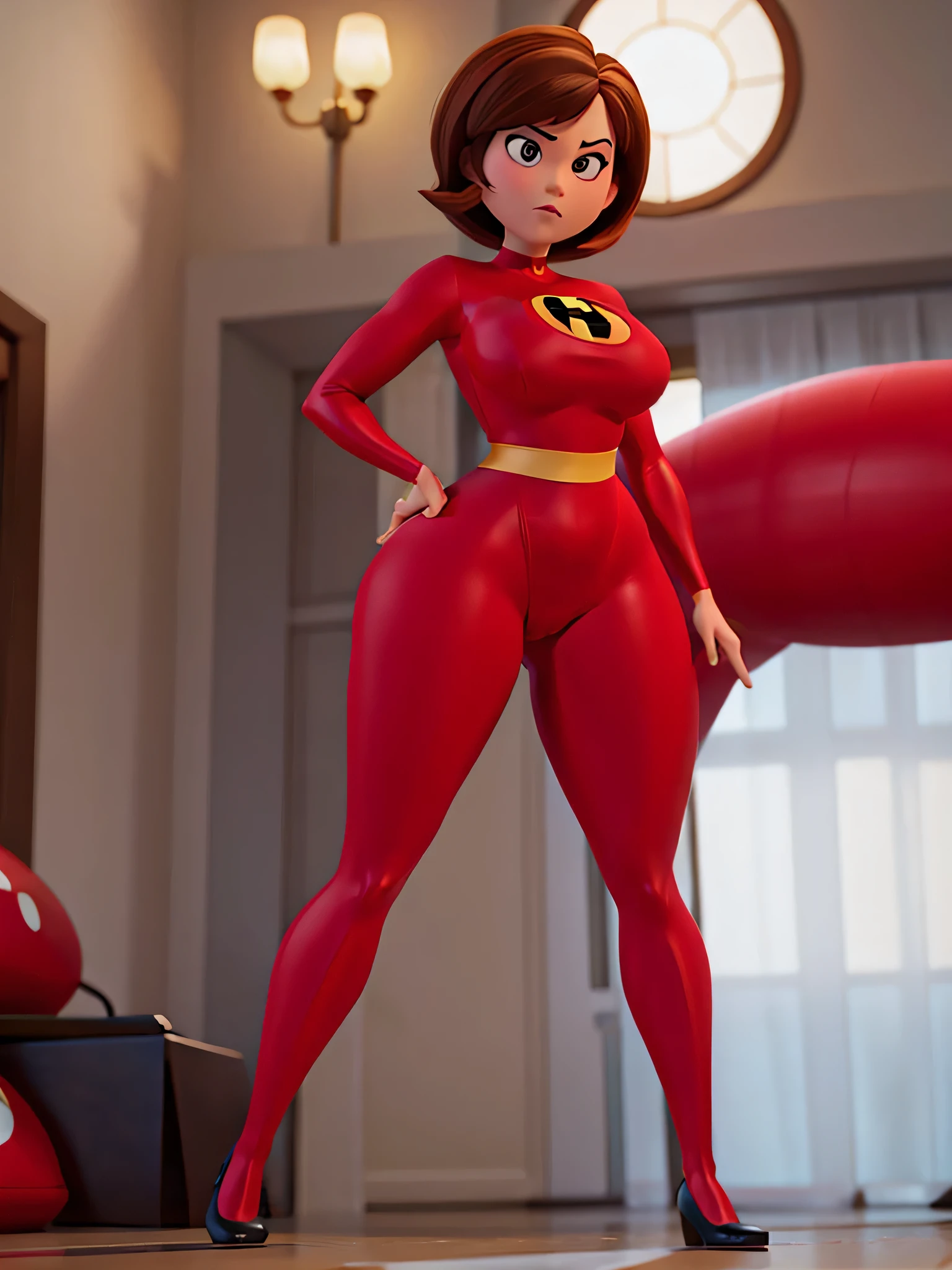 ElastigirlHelenParr a woman dressed in a red leotard, thong, gloves and black stockings, masterpiece, highres, photorealistic, best quality, perfect lighting, 8k, realistic, photo-realistic, ultra-detailed,
