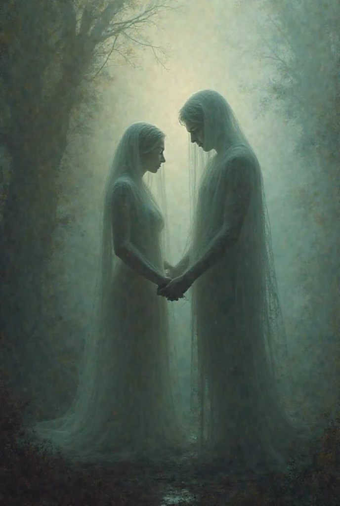 "Two ethereal, male and female, ghostly spirits are engaged in a deep, dark conversation with each other."