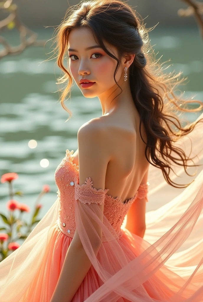 fashion photo of extremely beautiful 18 years old long hair woman, made of sunrise , dressed in sunset gown. on the edge of the world of radiant sun. warm colors --auto --s2
