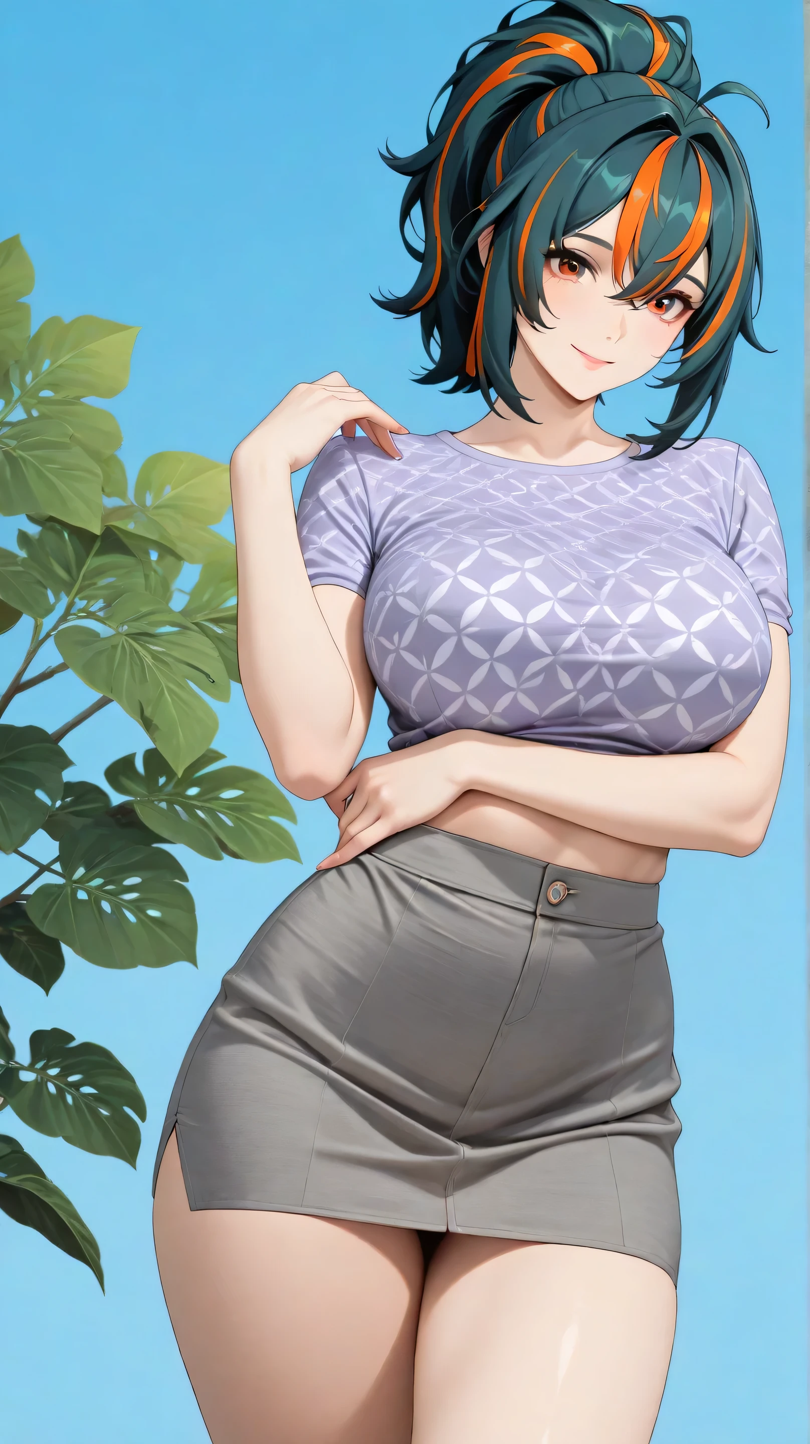 masterpiece, extremely detailed,realisric skin texture,4k,solo,1girl,adult ,((fullbody)),zhu yuan,ponytail streaked hair,happy,slim body, sexy legs,perfect body,large breasts,housewife,grey hot skirt, oversize purple tshirt,soft light, high detailed, best quality, upper body,, blue plain background ,blue background,looking at viewers, front view,sexy pose, photography,cowboy shot,doggy style, printed pattern using costume attractive design and royal looks, background outdoor in nature place.