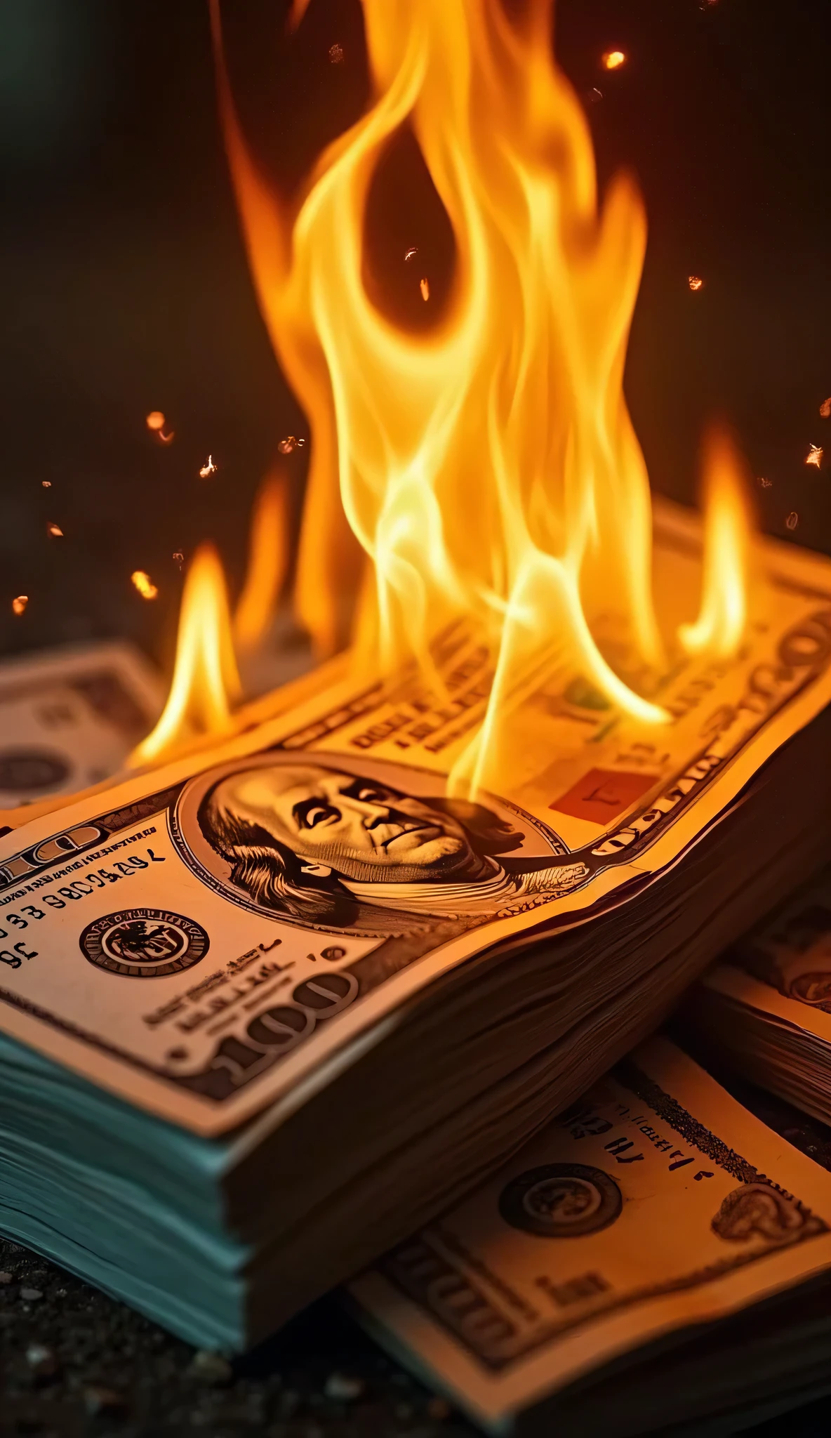 (highres:1.2),(realistic:1.37),burning money,surreal,detailed textures,golden hues,shimmering flames,smoke rising,melting bills,high-quality rendering,macro details,currency on fire,illusion of heat,banknotes engulfed in flames,superb clarity,crisp definition,masterpiece artwork,finest quality craftsmanship,majestic aesthetic,wealth and destruction,visual impact,mesmerizing composition,dark background,emerging from darkness,striking contrast,surrealistic style,glowing embers,remarkable attention to detail,ethereal atmosphere,radiant glow