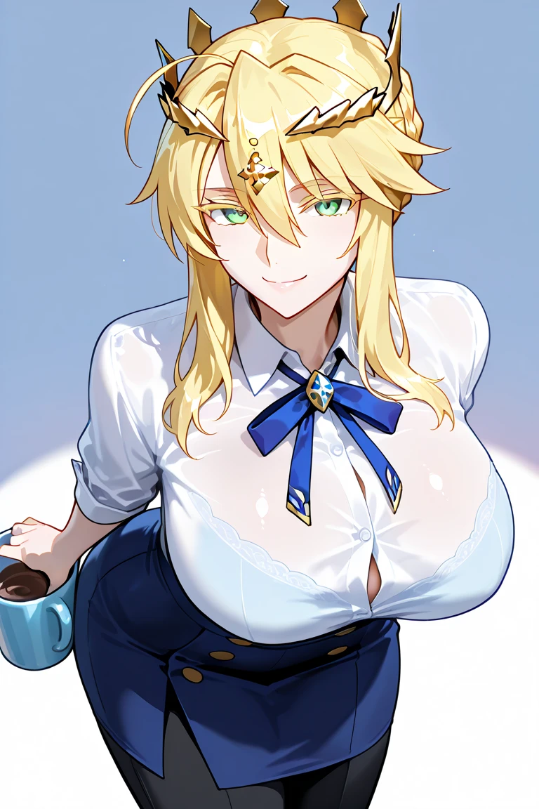 （One girl）、(short hair)、(sidelock)、((Blonde))、Princess Connect、((boyish))、huge breasts、Chubby、(beautiful girl)、[Big thighs]、Green Eyes、(Healer)、Black Vest、black leggings、White sleeveless、hairs between eyes、(long gloves)、closed mouth、wink、((see-through))、arm behind back