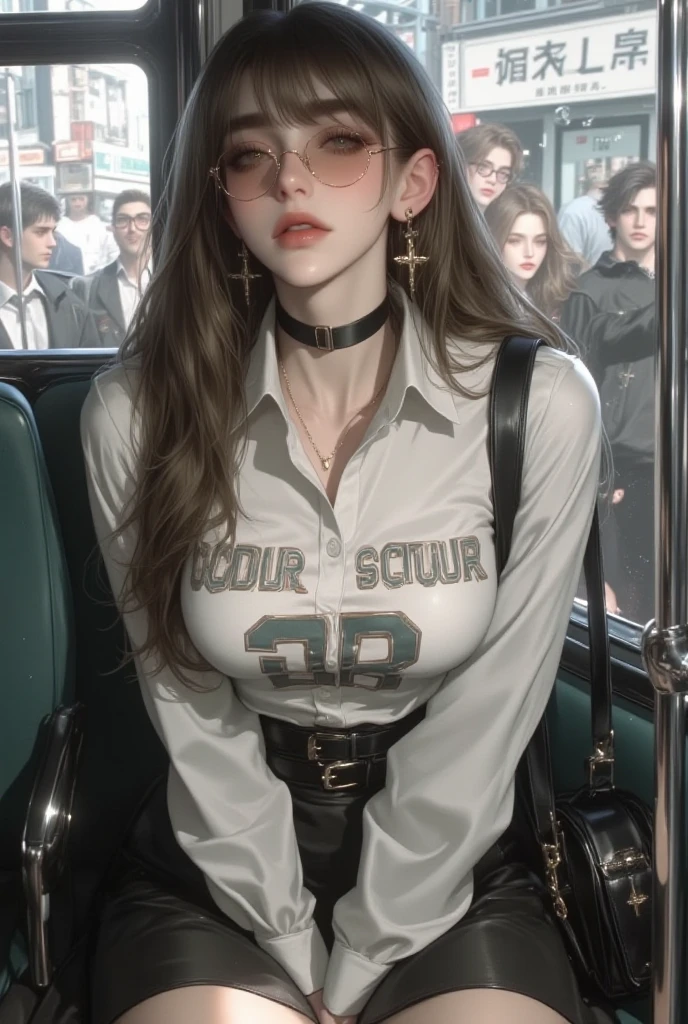 (Crowded train, a very cute woman in tight black leather jacket and leather pants.) ((Wearing black leather jacket with open chest and tight waist: 1.6.) 40k, photography, masterpiece, best quality, dark gray background, ((1 girl with blue eyes and gorgeous light blonde hair, she wears glasses on her beautiful face ,)), big ass full breasts until waiting to be worn (big ass stained with white liquid, chest stained with a lot of white liquid), big breasts (E cup, no bra, deep V collar, chest stained with white liquid) abdomen, kneeling position, pouting ass, back (hot dog spraying behind ass), The girl (holding a hot dog bursting pulp in her mouth) ((:1.4)), super delicate face, delicate eyes.