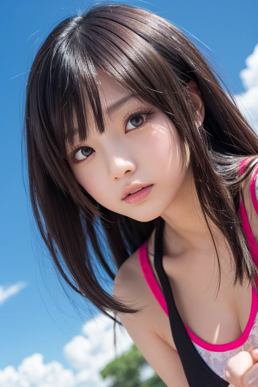 Horizon, watch the audience, natural makeup, realism, realistic photos, professional color correction, 8K, F2.4 aperture, 35mm lens, realistic face, Japan idol, 20 years old, ponytail hairstyle, big eyes, double eyelids, seductive face, cute beautiful face, big smile, white beautiful skin, fine skin, perfect proportions, sexy bikini, only facial area included.