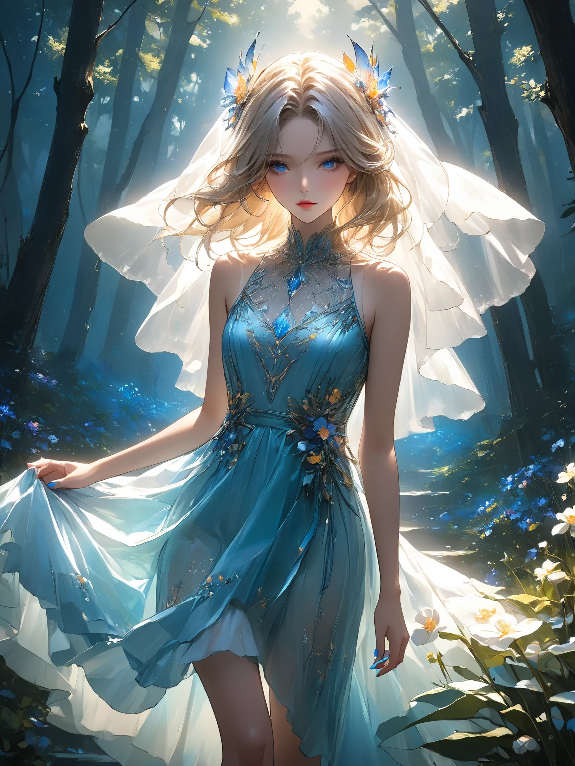a photography, HD,, photo, woman, beautiful dress ornate, mdjrny-v5, style portrait of a gorgeous blond female in the style of stefan kostic, realistic, half body shot, sharp focus, 8 k high definition, insanely detailed, intricate, elegant, art by stanley lau and artgerm, extreme blur flames background, Princess girl with wing, Blue, Pastel, glitter, dramatic, dreamy, pastel, Watercolor, Whimsical, Delicate, seashell crown, Trending on Artstation, Highly detailed, Intricate, Portrait, digital painting, Fantasy theme, Fantasy robes, Fantasy concept art, Fantasy character art, Smug, Teenage girl, perfect body, full body, dreamy, pastel, Watercolor, Whimsical, Delicate, seashell crown masterpiece, 8k, perfect lighting, , adult, female, cowboy shot, looking at viewer, cinematic lighting, Fawn