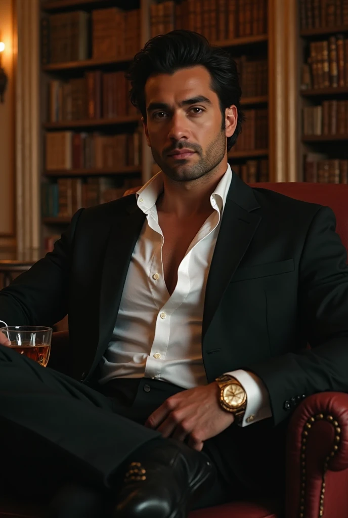 (masterpiece), (realistic), (ultra detailed), ( high reest quality), (photorealistic), (perfect face), (perfect anatomy), (((man))), (((male))), (((Spaniard))), (((30 years old))), (((muscular))), (((solo))), (((short spiky hairstyle))), black mustache, black beard, dracule mihawk from one piece, dracule mihawk, The character is sitting in a chair while reading a newspaper, the character's eyes are closed