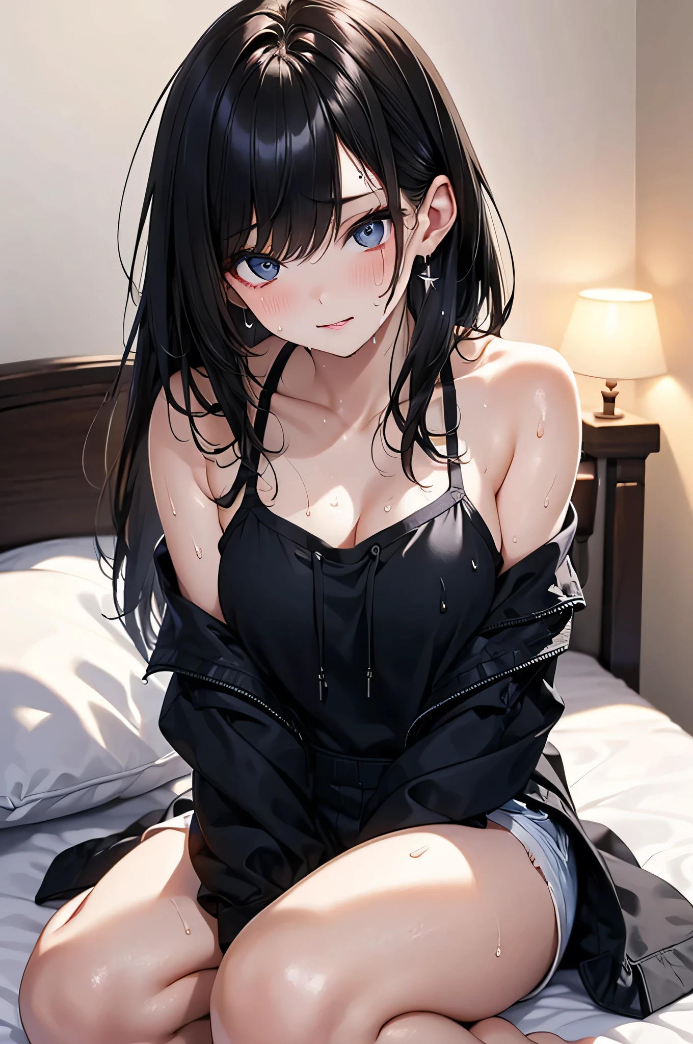 ((best quality)), ((masterpiece)), (detailed), 1girl. off-shoulder sweater. Bottomless. Black hair. Spread legs. Cleavage. Vagina. Small breast.