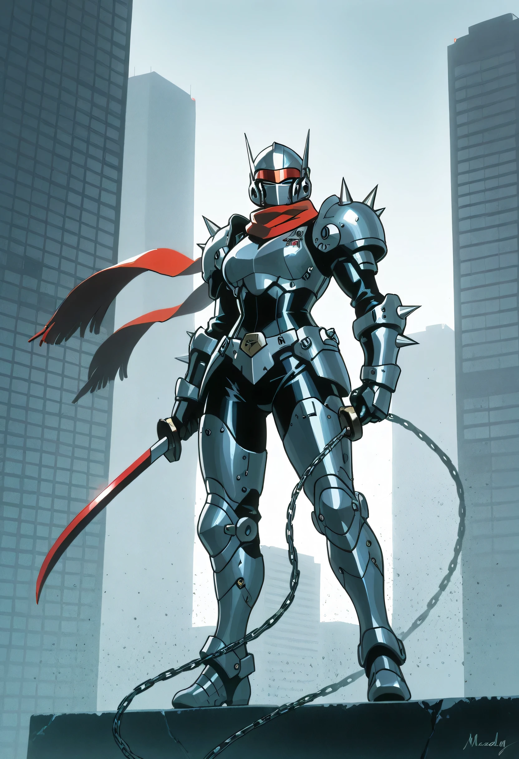 ninja, female, mechanical, heavy metal, armor, darkness, wielding chained sickle, spikes, long red scarf, standing on top of a skyscraper, best quality, high resolution, 8k, dynamic lighting, rough texture, shadowing