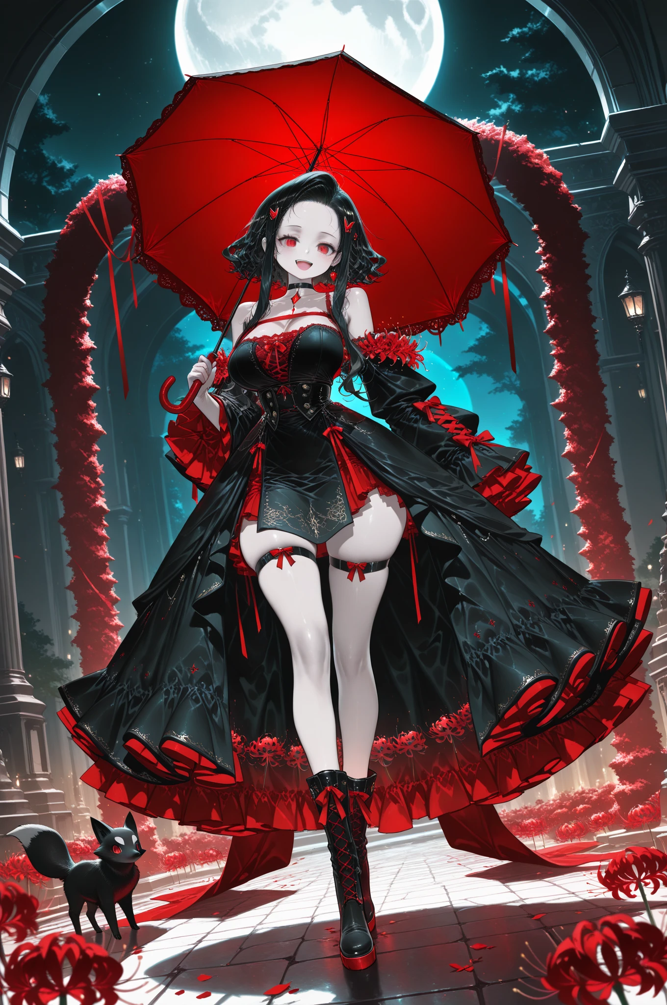 (((Create one girl 16+ years old.), (close-up), (stands all tall)), ((Dark and mysterious), (Night, rain blood, gothic anime girl)))_(((Gothic unusual masterpiece art)),((ominous clouds, hauntingly beautiful, ethereal moonlight, eerie shadows))_(((Little loli, miniature, chibi, full-length)),((miniature-graceful body, full-length - standing) , (beautiful figure, half-turn)_(16+ years)))_(((Cute girl, small peach breasts, graceful figure, narrow waist, smooth hips)),((long double braids),(tight braids) , (braided hair),(dark hair)),((red lips)), ((smile)))_ ((((Shiny skin:1.5, white skin, light skin: 1.5)),((sexy), (erotic),(cute, kawaii)(nsfw)))_(((Bare shoulders, black lace dress)),(((black chiffon dress, very short dress, tight-fitting), (black), (sheer lace dress) ),((stands almost completely naked, tattoos)))_(((Arms in elbow pads, palms in tactical gloves),(bare thighs, stomach)),((legs in combat knee pads, thigh-high stockings)), (( chunky leather lace-up boots)))_(((Impressive artistry, exquisite details, gothic architecture, dramatic lighting, vibrant red hues, ominous figures, strange symbols, surreal elements))_((Strong contrasts, eerie, artistic masterpiece, detailed textures, dark color palette, foreboding horror), (alien flowers, skulls))_((Digital painting, anime style, cyberpunk), (best quality, 4k, high resolution, masterpiece: 1.2)),((ultra detail)) ,((realistic, photorealistic, photorealistic: 1.37)))_(((Soft clear shapes, broad strokes, attention to detail)))_(((High quality, 16K | Ultra HD | Full HD))).