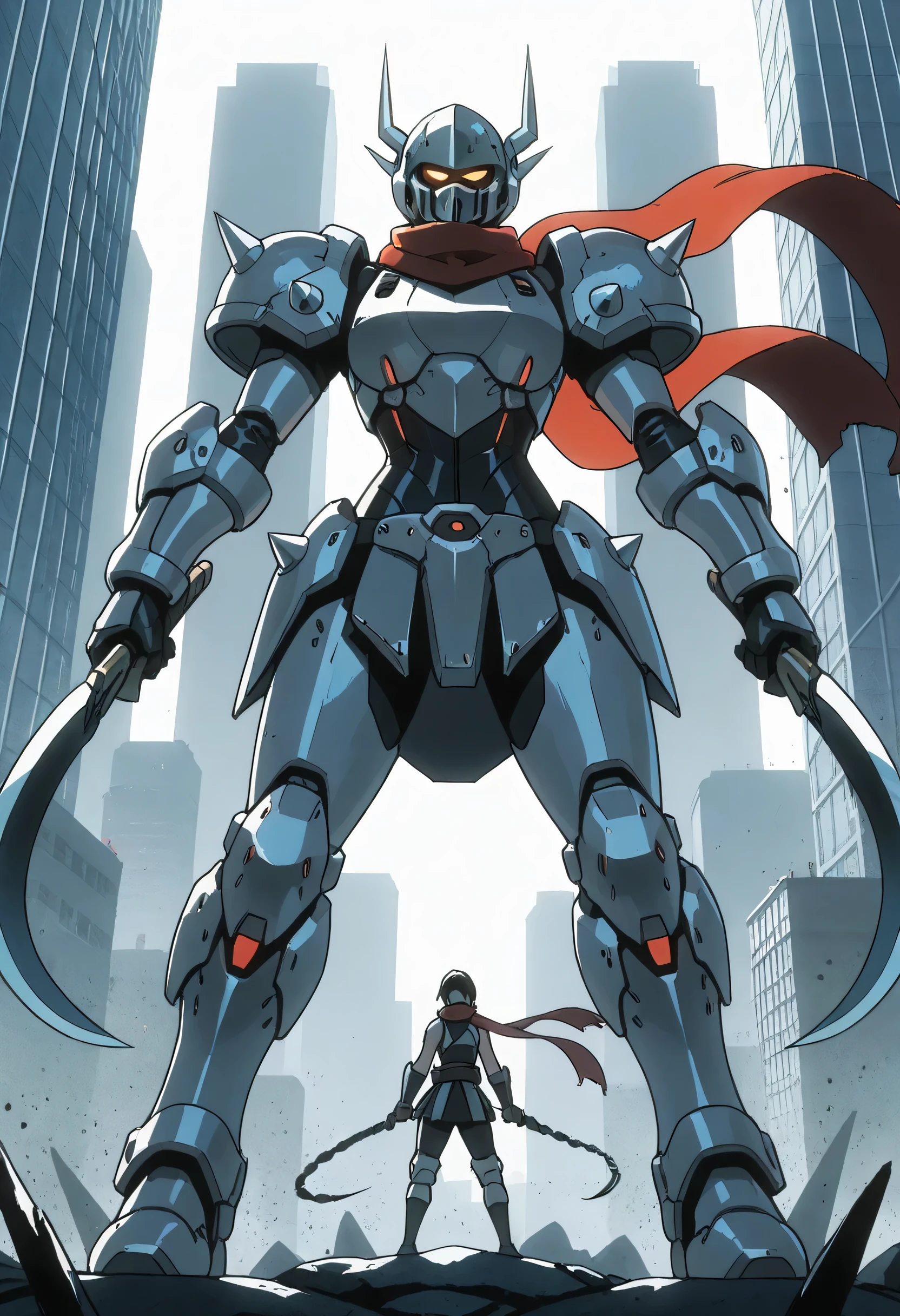 ninja, female, mechanical, heavy metal, armor, darkness, wielding chained sickle, spikes, long red scarf, standing on top of a skyscraper, best quality, high resolution, 8k, dynamic lighting, rough texture, shadowing