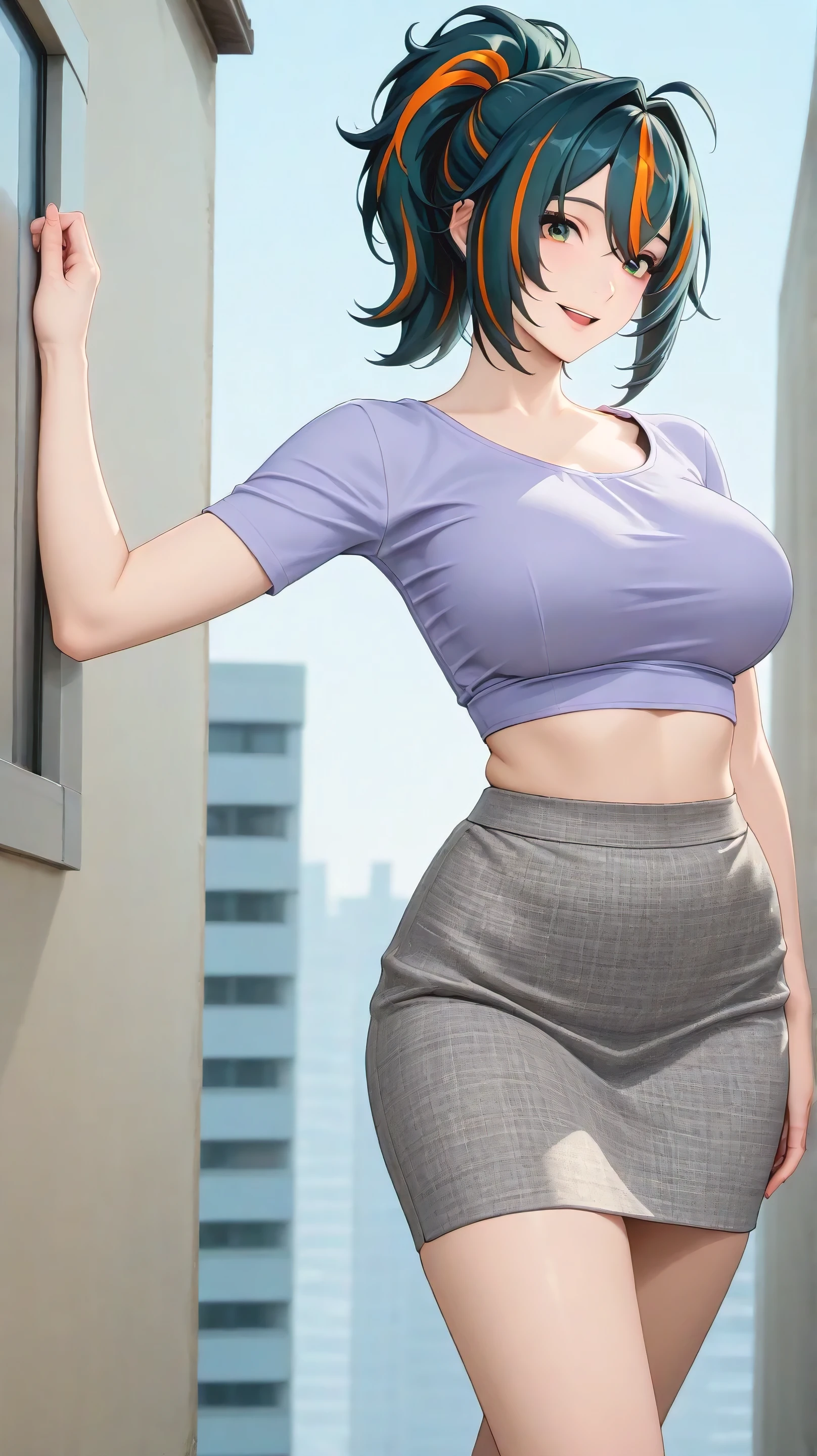 masterpiece, extremely detailed,realisric skin texture,4k,solo,1girl,adult ,((fullbody)),zhu yuan,ponytail streaked hair,happy,slim body, sexy legs,perfect body,large breasts,housewife,grey hot skirt, oversize purple tshirt,soft light, high detailed, best quality, upper body,, blue plain background ,blue background,looking at viewers,back look,sexy pose, photography,cowboy shot,doggy style, printed pattern using costume attractive design and royal looks, front view, outdoor in big buildings background.