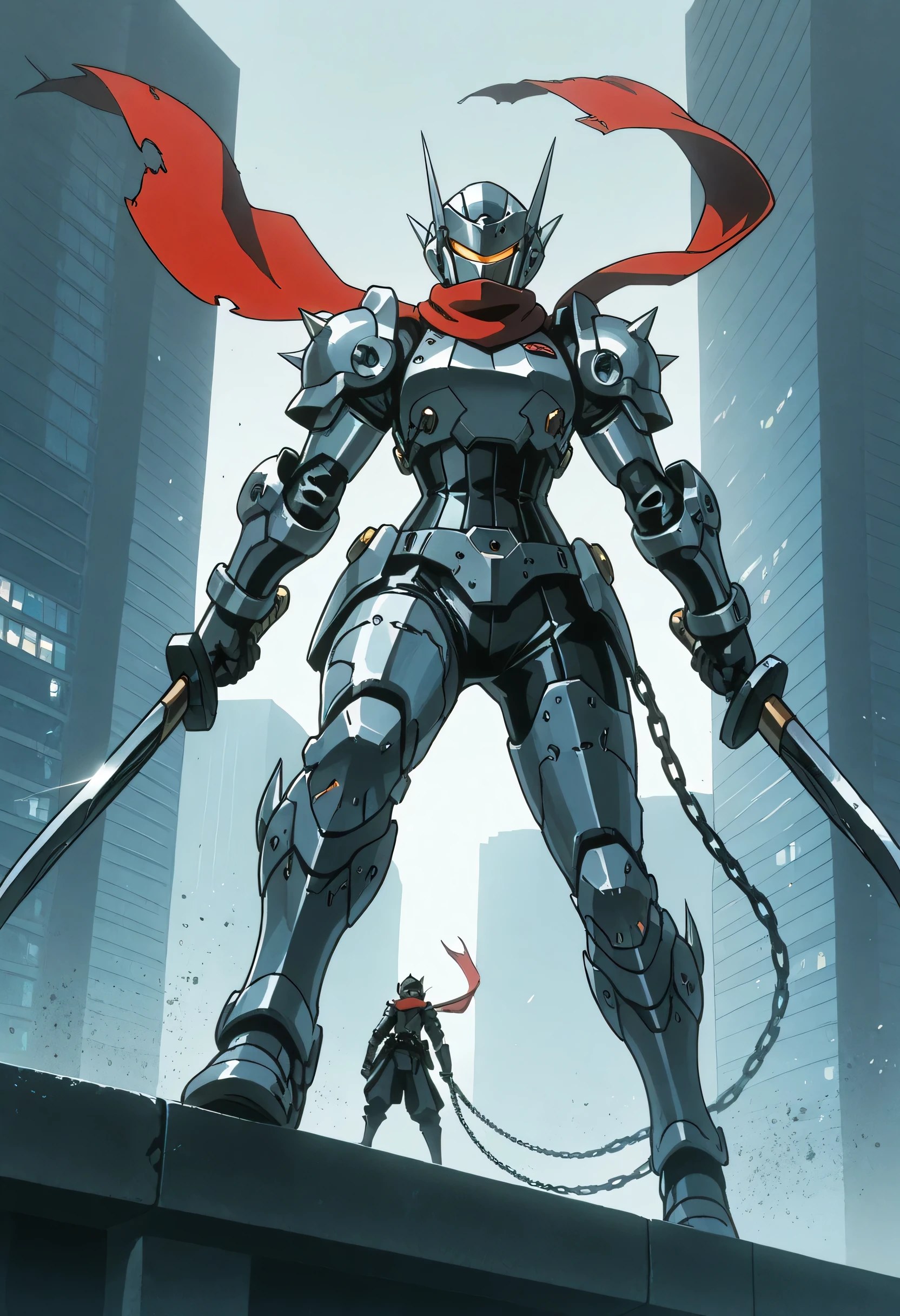 ninja, female, mechanical, heavy metal, armor, darkness, wielding chained sickle, spikes, long red scarf, standing on top of a skyscraper, best quality, high resolution, 8k, dynamic lighting, rough texture, shadowing