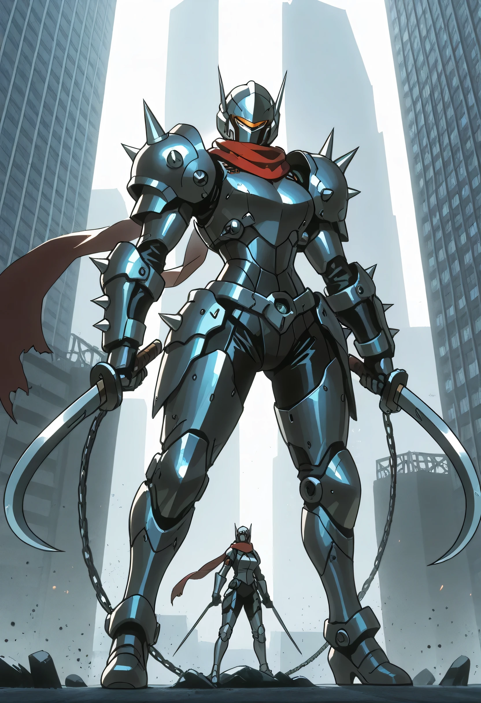 ninja, female, mechanical, heavy metal, armor, darkness, wielding chained sickle, spikes, long red scarf, standing on top of a skyscraper, best quality, high resolution, 8k, dynamic lighting, rough texture, shadowing