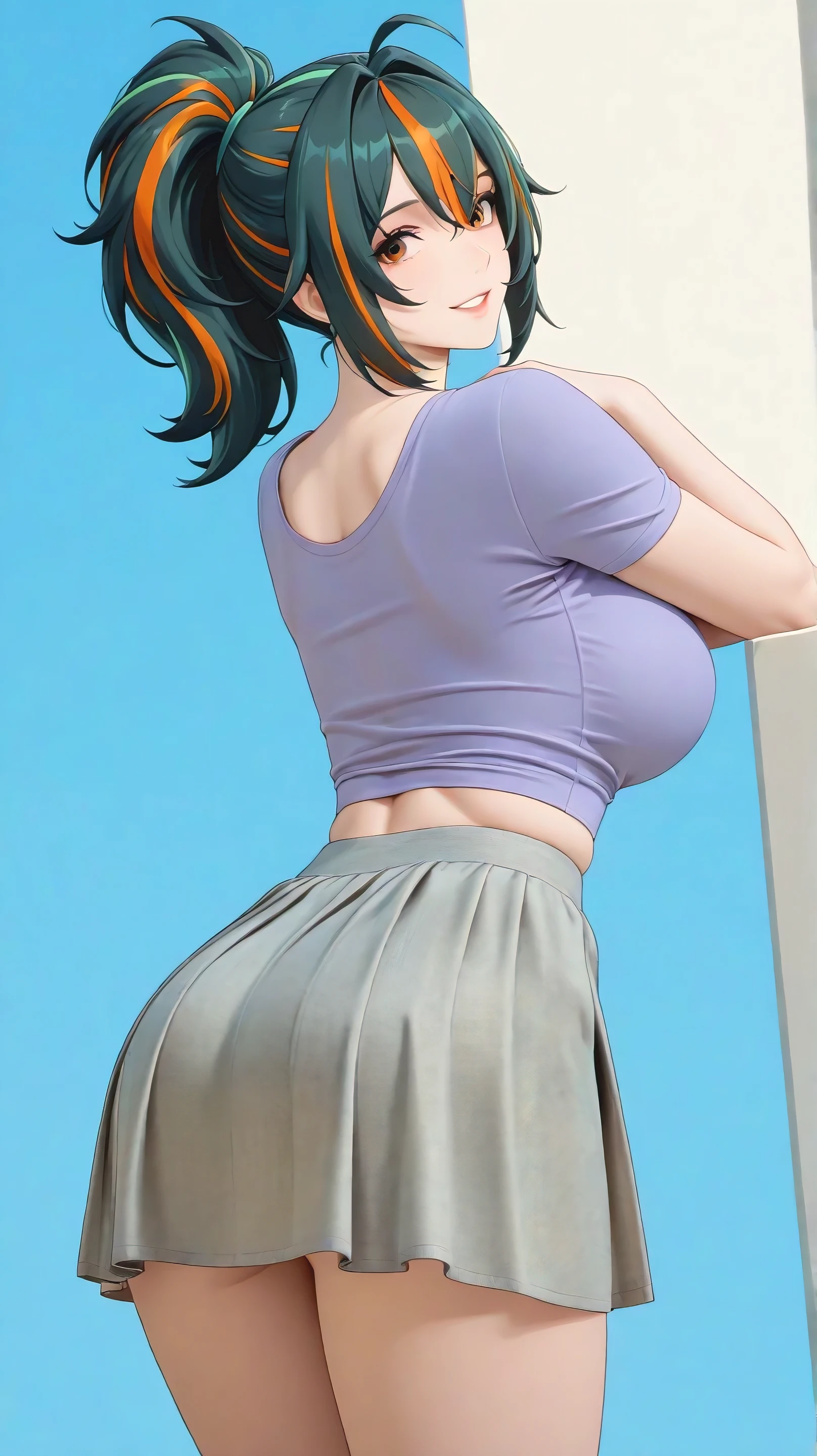 masterpiece, extremely detailed,realisric skin texture,4k,solo,1girl,adult ,((fullbody)),zhu yuan,ponytail streaked hair,happy,slim body, sexy legs,perfect body,large breasts,housewife,grey hot skirt, oversize purple tshirt,soft light, high detailed, best quality, upper body,, blue plain background ,blue background,looking at viewers,back look,sexy pose, photography,cowboy shot,doggy style, printed pattern using costume attractive design and royal looks, front view, outdoor in big buildings background.