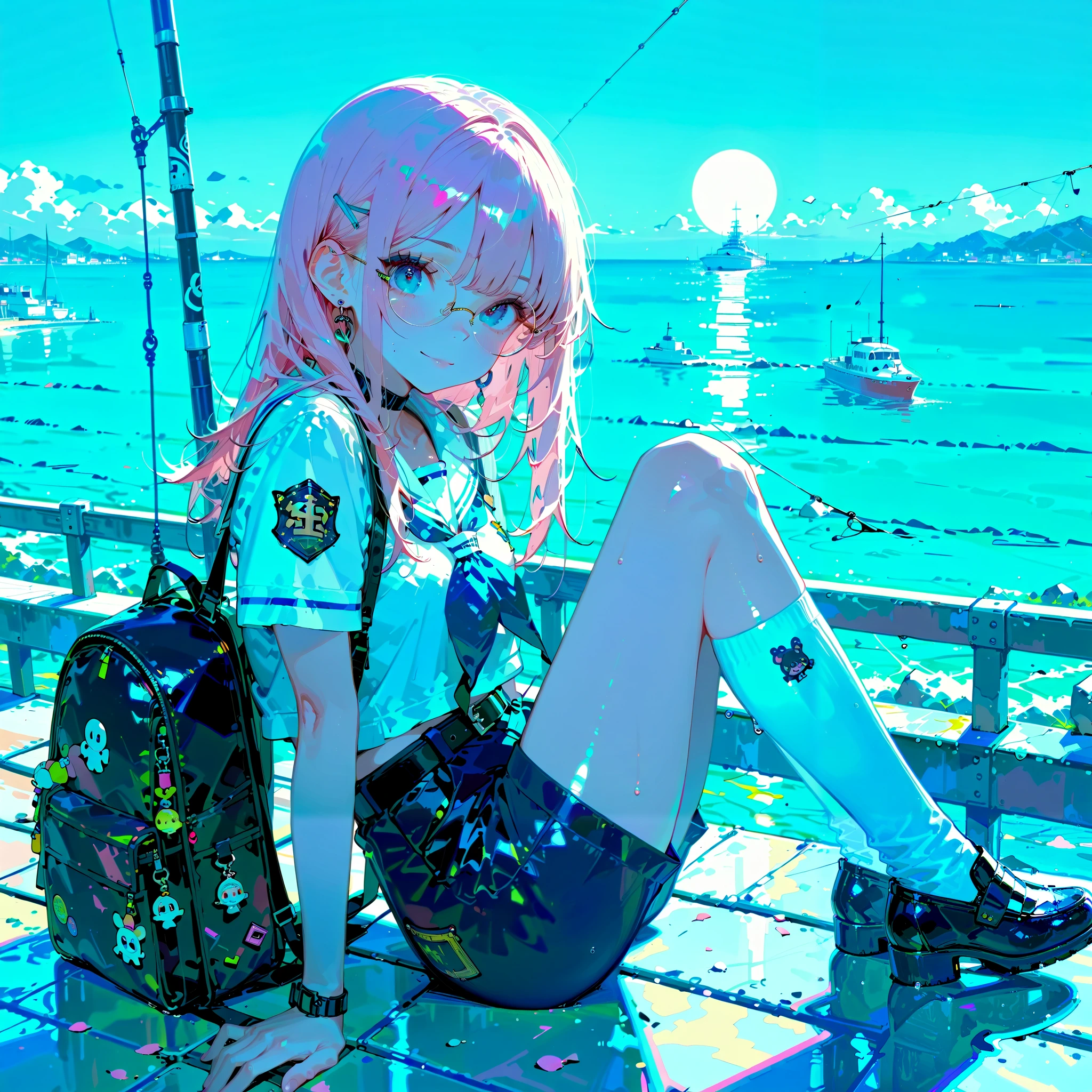 (High CT quality,4k,High resolution,mainpiece:1.2),Very detailed,Realistic:1.37,Best quality,masterpiece, high resolution,on_body, Tyndall effect,photorealistic, Edge lighting, Two-color lighting,(high definition skin:1.2), 8K UHD, DSLR quality, soft lighting, high quality, surround lighting, sincere, de 8K , 4K, 8K, Kawaii student\schoolgirl. She has long loose pink hair and a high long bangs. She has blue eyes and a mole on her cheek. She wears big round glasses. She is dressed in a white\baby blue sailor school uniform with short sleeves of her top and long shorts with belt. She has a marine set of badges with dolphins and anchors. She wears white knee socks and simple school shoes. She smiles and walking around the pier with her a school backpack with key chains hanging on it. Background: sea pier, beach, yachts in the port, sunny day, and other students fishing.