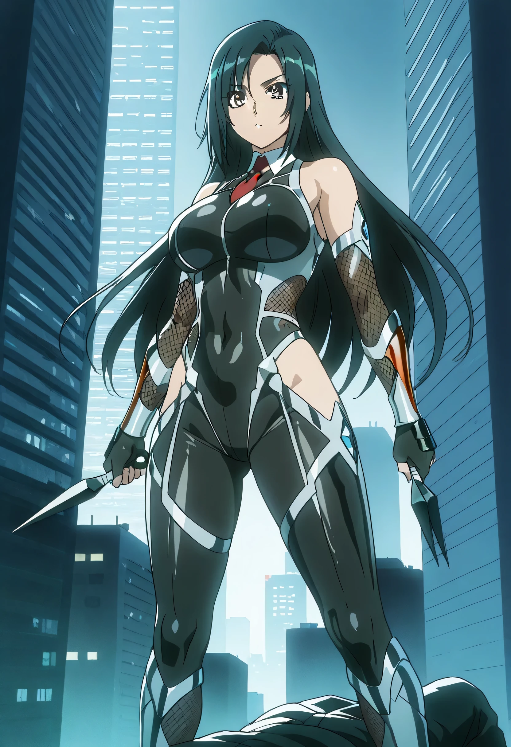 ninja, female, sleek outfit, taimanin inspired outfit, darkness, wielding kunai, standing on top of a skyscraper, best quality, high resolution, 8k, dynamic lighting, rough texture, shadowing