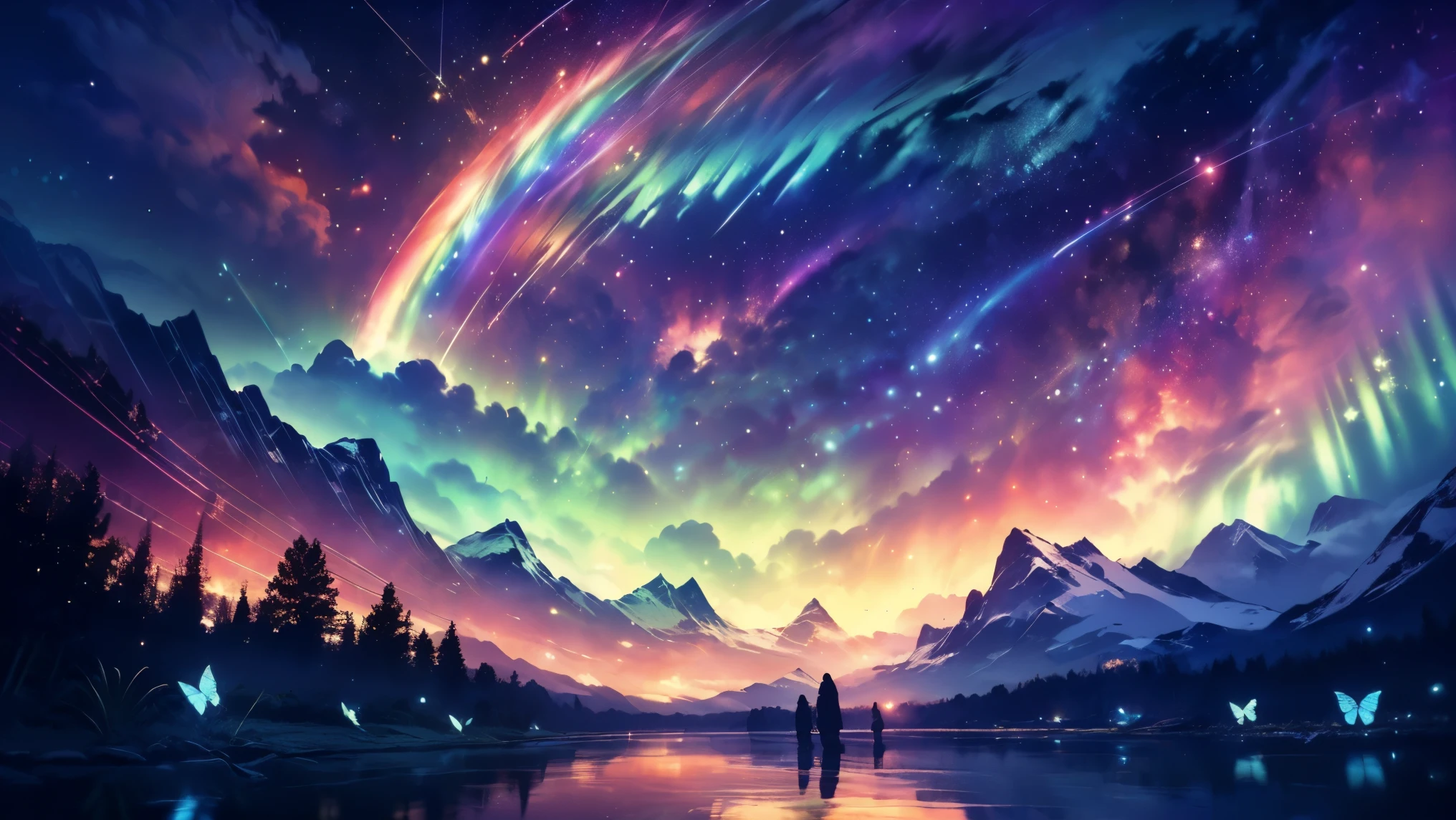rainbow,超high image quality,high image quality,high quality of wavy lines,Enchanted Mysterious Forest , (Lots of Neon Colored Butterflies),Solemn Atmosphere, Pure blue water river fountain, Golden Mini Fairy, (((emits fluorescent blue, lots of succinants　Agave glows))), Extremely beautiful scenery , (Super Real), {Highly Detailed 8k CG Unit Wallpaper}, (Low Perspective Prioritizing the Overall Scene), (Wide々A view of the field ), (Low Angle Shot),(lowlight), (Warm Light Source : 1.0), Complicated Details, (((Seven colors of the rainbow ))), (bright light that emits bubbles), (Atmosphere lighting), nature, Magically Beautiful Scenery, landscape,((Triple Overlapping Rainbows)),
