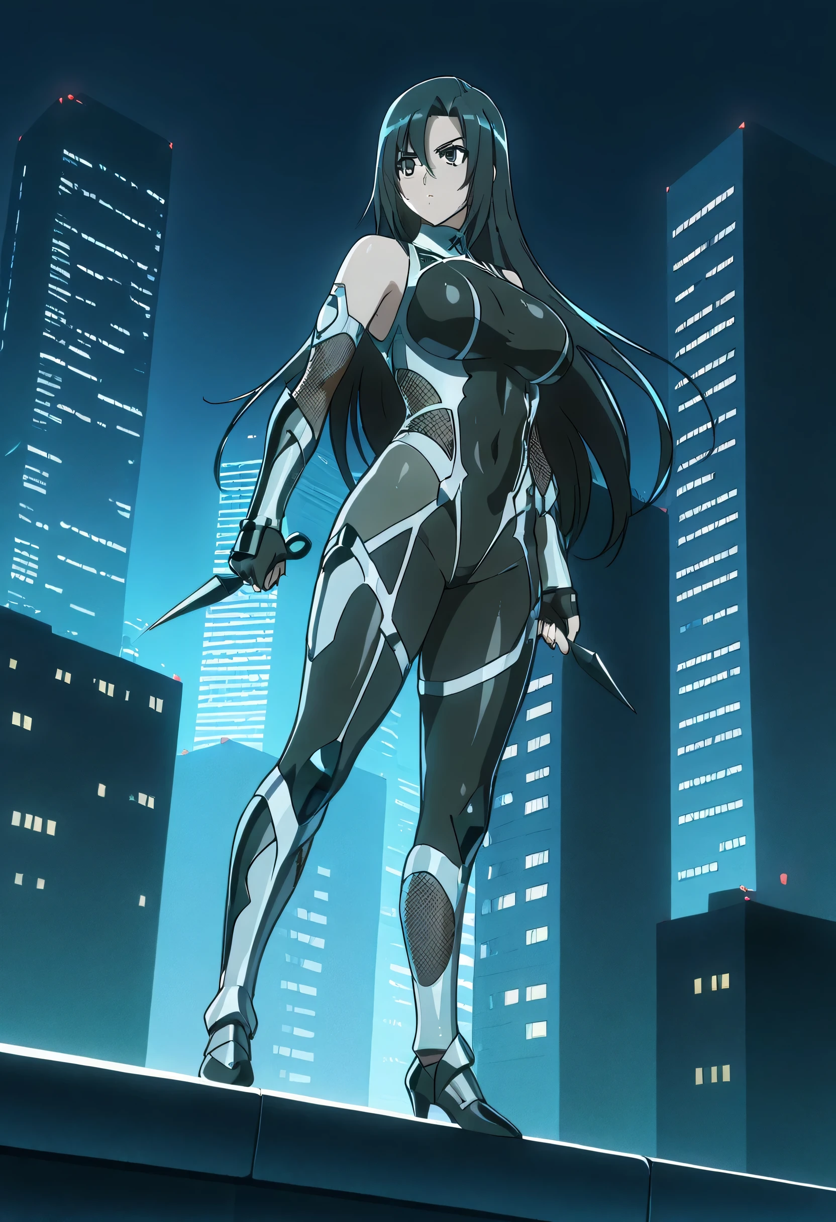 ninja, female, sleek outfit, taimanin inspired outfit, darkness, wielding kunai, standing on top of a skyscraper, best quality, high resolution, 8k, dynamic lighting, rough texture, shadowing