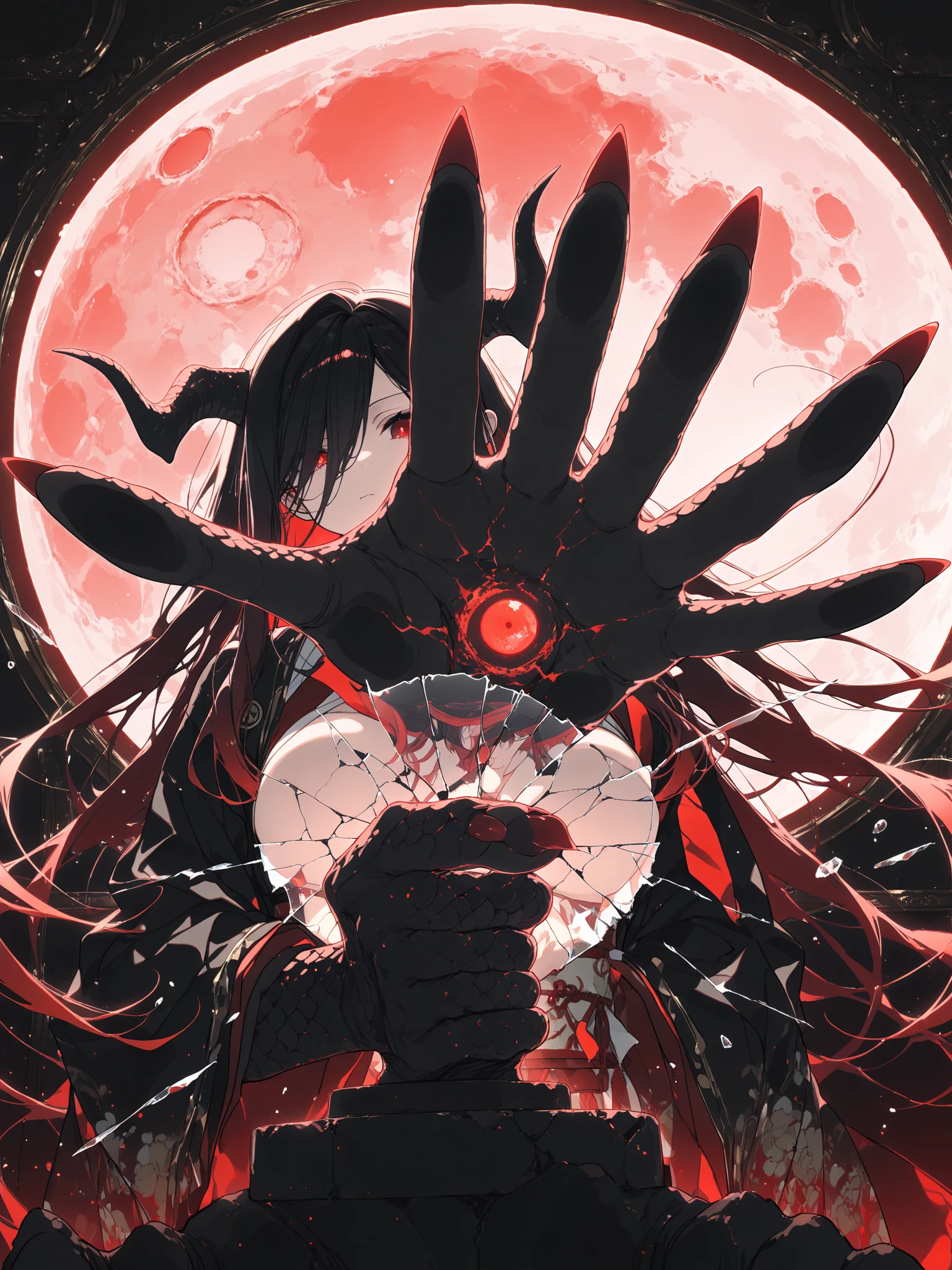 Beautiful girl fused with a spider. Girl in Japanese style maid costume. ((Female Solo. 1.1)) . hiquality. Dark fantasy style illustration. she has short hair. ratex. Shining eyes. Spider legs extending from behind her. tarantula. Embroidery with a spider web pattern. Spider web tattoo. monstergirl. Dark indoor. Wooden house.