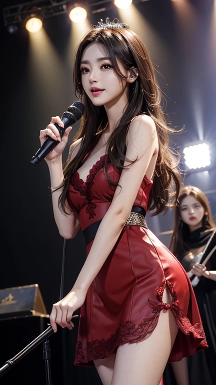 (Photoreal:1.5, 8K, highest quality, masterpiece, ultra high resolution), Highly detailed skin and facial textures:1.3, perfect dynamic composition:1.2, (small underground live house, 100 spectators), studio lighting, Spotlight, ((hold the microphone with your right hand:1.3, mouth open, singing pose on stage:1.3)), (expression of sadness:0.8, Tears are flowing:0.8), (Japanese female songstress:1.3, , Height 163 cm), cowboy shot, Fair skin:1.2, sexy beauty:1.1, slim style:1.2, beautiful and aesthetic:1.1, very beautiful face:1.2, semi-long black hair, slightly pointed ears, (professional dressing:1.0, simple red long dress:1.2), (Medium chest, Chest gap), (Beautiful and erotic big eyes:0.5, Bewitching:0.5, adult charm:0.5), necklace, bracelet