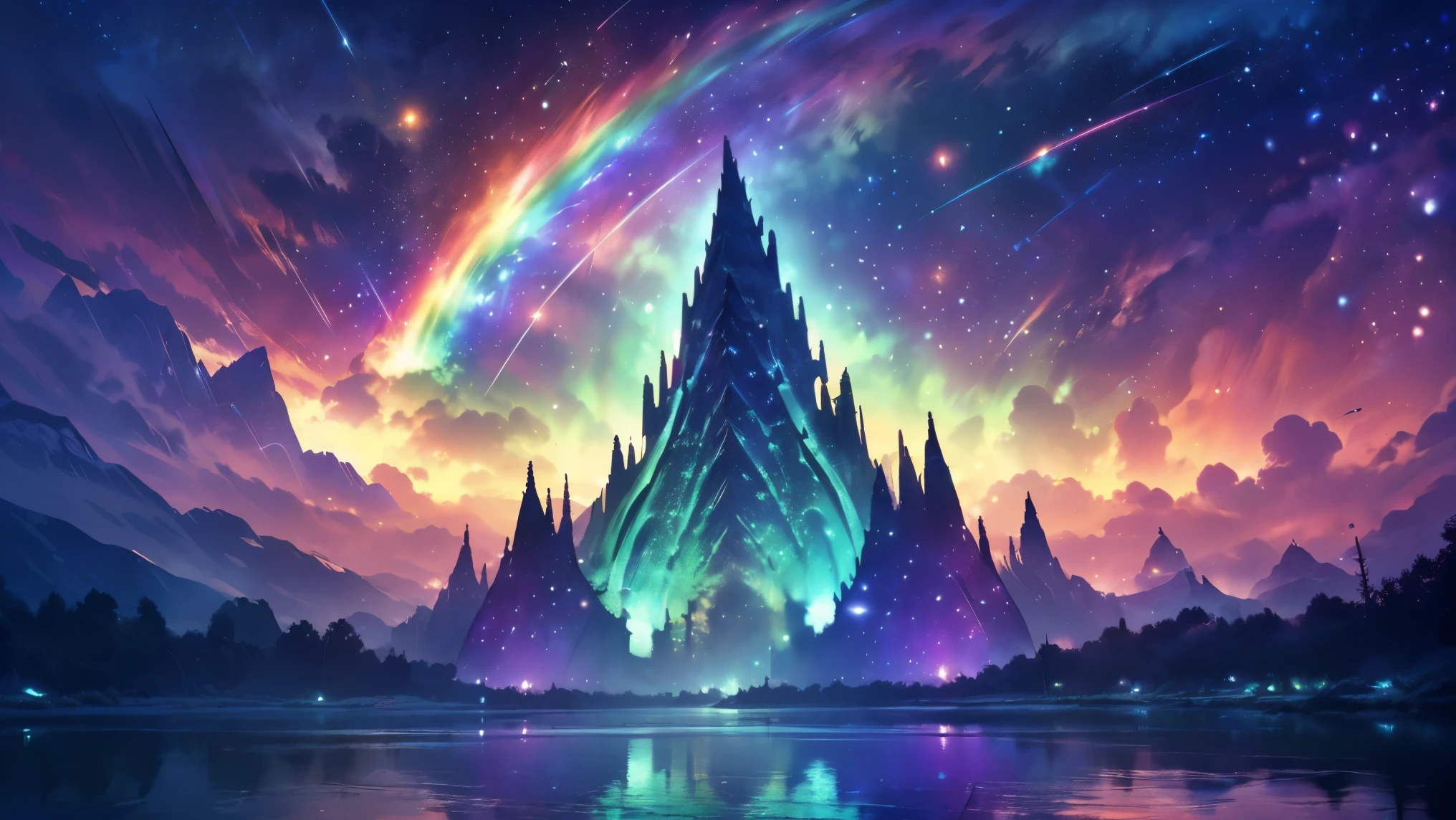 rainbow,超high image quality,high image quality,high quality of wavy lines,Enchanted Mysterious Forest , (Lots of Neon Colored Butterflies),Solemn Atmosphere, Pure blue water river fountain, Golden Mini Fairy, (((emits fluorescent blue, lots of succinants Agave glows))), Extremely beautiful scenery , (Super Real), {Highly Detailed 8k CG Unit Wallpaper}, (Low Perspective Prioritizing the Overall Scene), (Wide々A view of the field ), (Low Angle Shot),(lowlight), (Warm Light Source : 1.0), Complicated Details, (((Seven colors of the rainbow ))), (bright light that emits bubbles), (Atmosphere lighting), nature, Magically Beautiful Scenery, landscape,((Triple Overlapping Rainbows)),