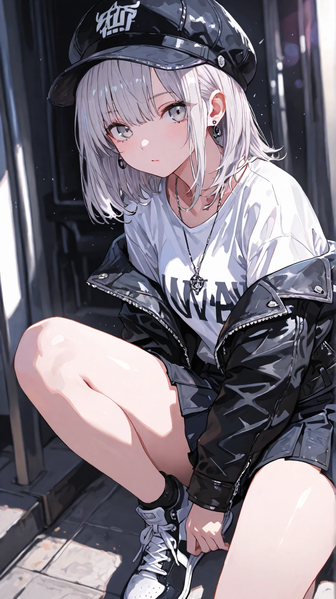 1 girl, medium hair, solo,silver hair,silver eyes,looking at viewer,(EyesHD:1.2), masterpiece, best quality, ultra-detailed, very aesthetic, sharp focus, depth of field, vibrant colors, ray tracing, best lighting, detailed illustration, detailed background, cinematic,necklace, earrings,white shirts,leather pleated skirt,black denim jacket, sneakers,black cap