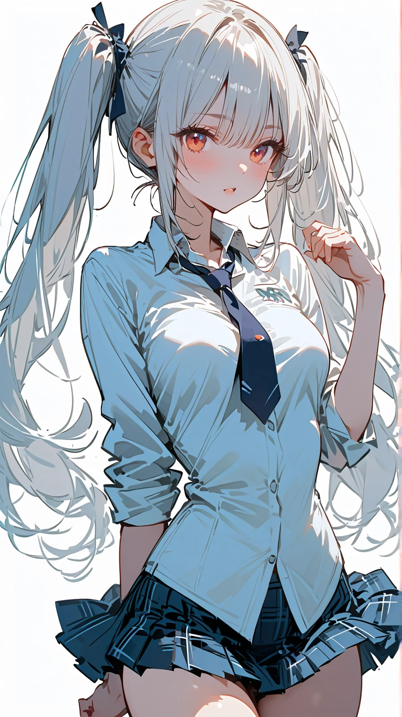 ((masterpiece、Highest quality、Very detailed))、One person、((Brown skin:1.3))、Blonde、Long Hair、Straight Hair、Grey Eyes、evil smile、((lots of piercing))、((Small breasts))、 ((White shirt))、Open chest、cleavage、((gray plaid pleated skirt))、thighhighs、Cowboy Shot、((bent over))、Classroom Background