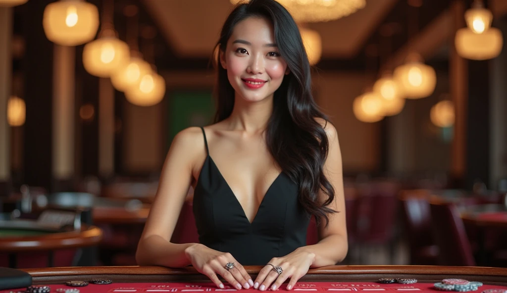 (best quality, ultra-high resolution, real, photorealistic:1.2, 8K), BREAK, a Japanese girl, (full body:1.4), BREAK, detailed hair, blonde long hair, hyper detailed face, hyper detailed skin, white skin, light brown eyes, blushing cheeks, detailed red lips, smile, drunk, BREAK, detailed clothings, (all-black tuxedo:1.4, sitting on a stool:1.3), BREAK, (casino:1.2), BREAK, (baccarat:1.4), detailed background, romantic atmosphere