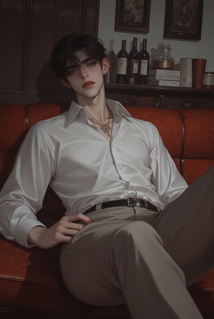 3D Images, 8K, highest quality, masterpiece, Ultra-high resolution, ((One male)), Lying on the couch, White shirt, Black slacks