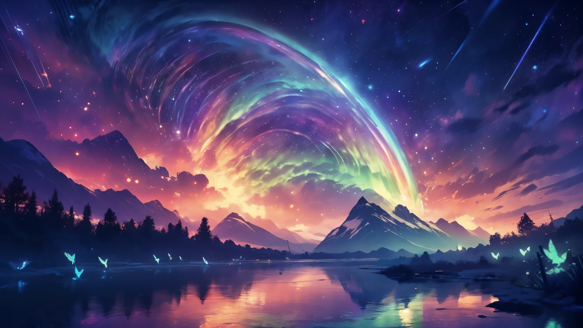 rainbow,超high image quality,high image quality,high quality of wavy lines,Enchanted Mysterious Forest , (Lots of Neon Colored Butterflies),Solemn Atmosphere, Pure blue water river fountain, Golden Mini Fairy, (((emits fluorescent blue, lots of succinants Agave glows))), Extremely beautiful scenery , (Super Real), {Highly Detailed 8k CG Unit Wallpaper}, (Low Perspective Prioritizing the Overall Scene), (Wide々A view of the field ), (Low Angle Shot),(lowlight), (Warm Light Source : 1.0), Complicated Details, (((Seven colors of the rainbow ))), (bright light that emits bubbles), (Atmosphere lighting), nature, Magically Beautiful Scenery, landscape,((Triple Overlapping Rainbows)),