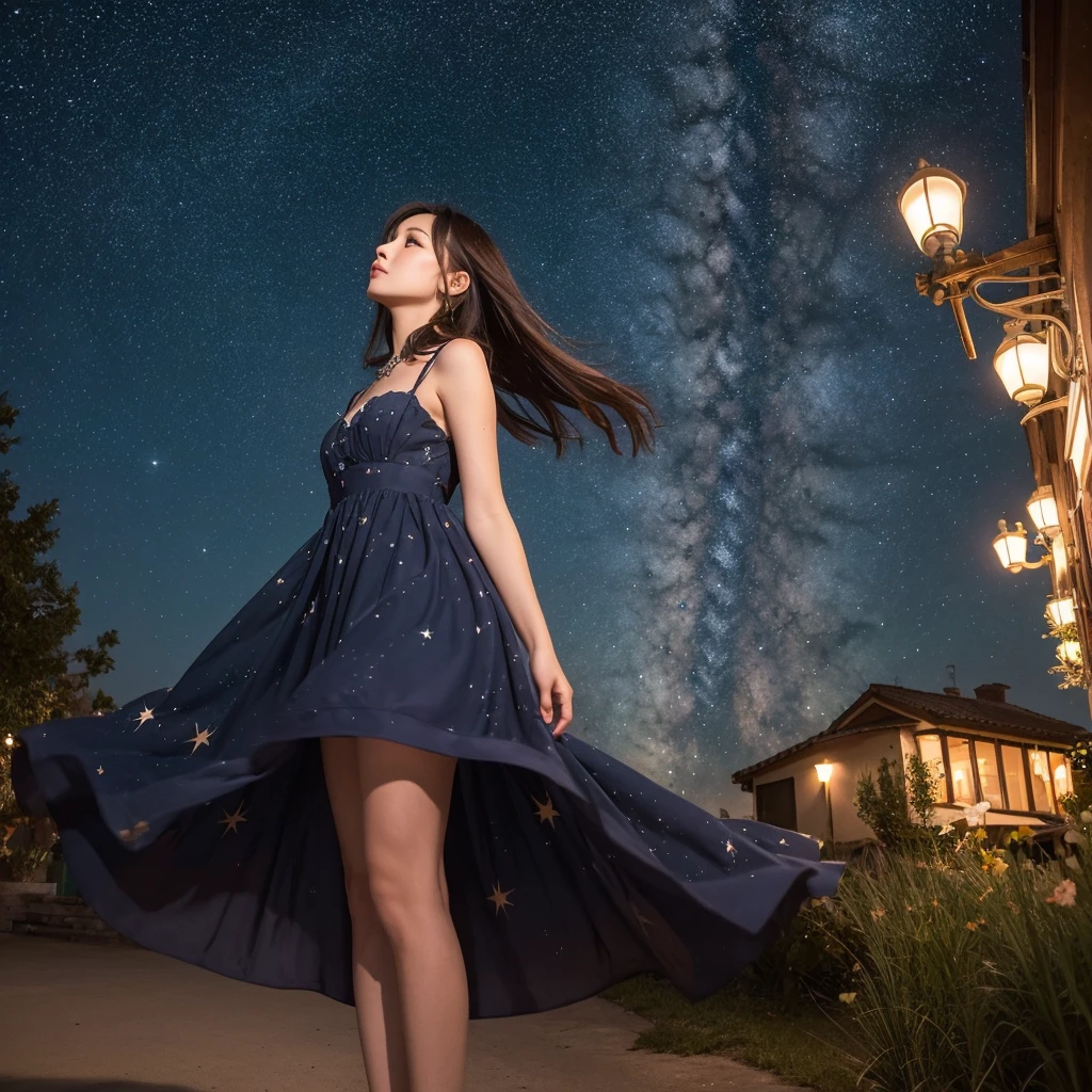 (in 8K、Raw photography、top-quality、masterpiece:1.2)、ultra-detailliert、Live-action girl、Night view of beautiful starry sky、Side view of realistic girl in Japan looking at the starry sky、White dress、Profile of a beautiful girl with realistic and delicate details、Raw video、