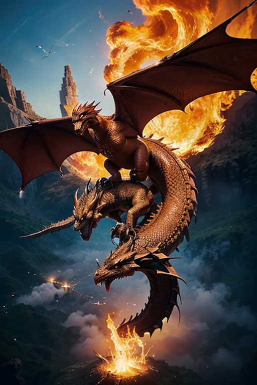 Dragon、Flying from the volcano、Fire breathing