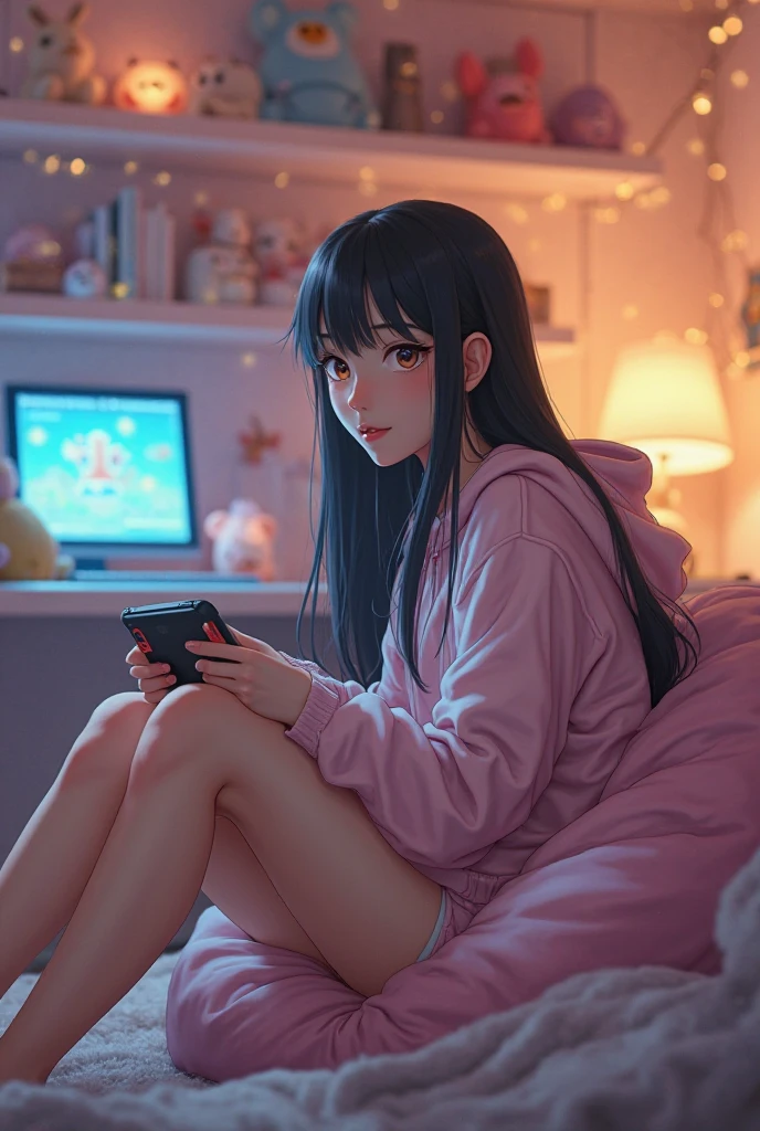 Anime sad girl play with phone in bedroom