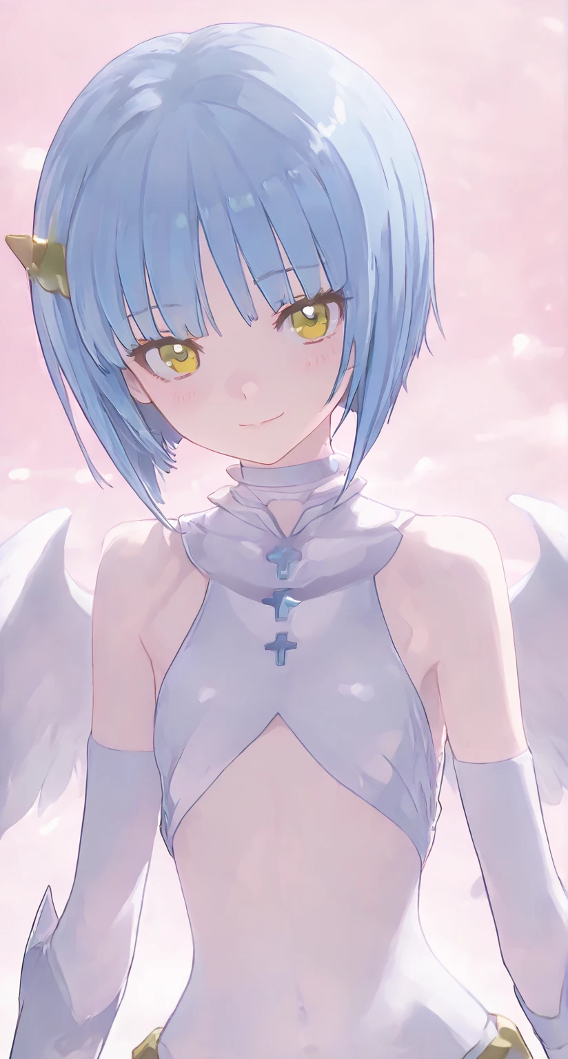 1girl in、AS-Adult、A smile、Light in the eyes、Angel in White、（small tits）Chilarism、movement、Upper body portrait、