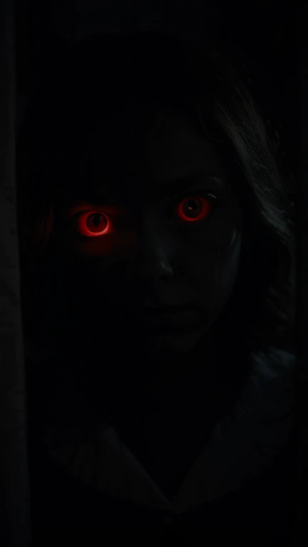 A dark shadow looming behind a young girl, red glowing eyes. Spooky atmosphere, horror movie style, silhouette.