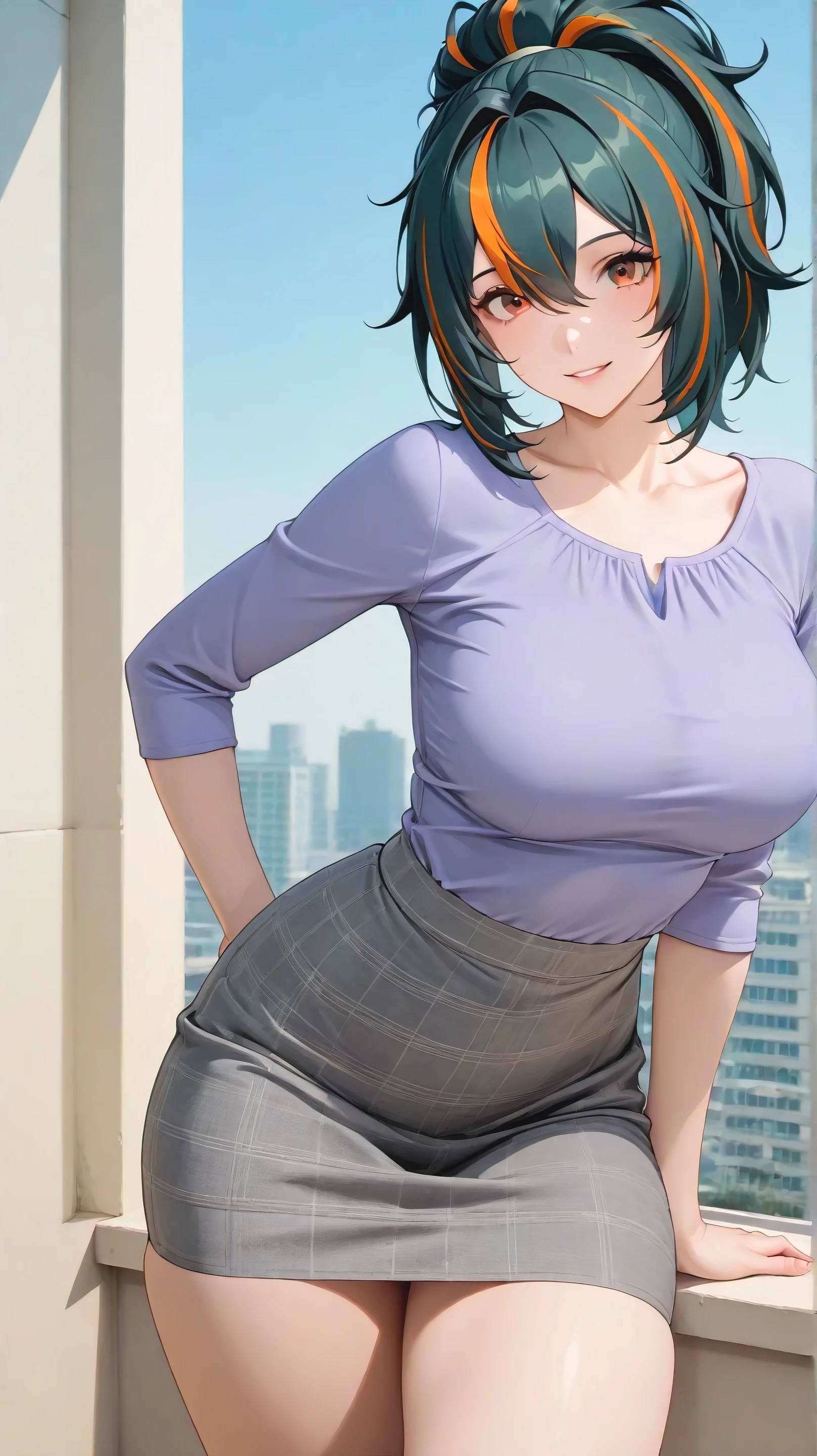 masterpiece, extremely detailed,realisric skin texture,4k,solo,1girl,adult ,((fullbody)),zhu yuan,ponytail streaked hair,happy,slim body, sexy legs,perfect body,large breasts,housewife,grey hot skirt, oversize purple tshirt,soft light, high detailed, best quality, upper body,, blue plain background ,blue background,looking at viewers,back look,sexy pose, photography,cowboy shot,doggy style, printed pattern using costume attractive design and royal looks, front view, outdoor in big buildings background.