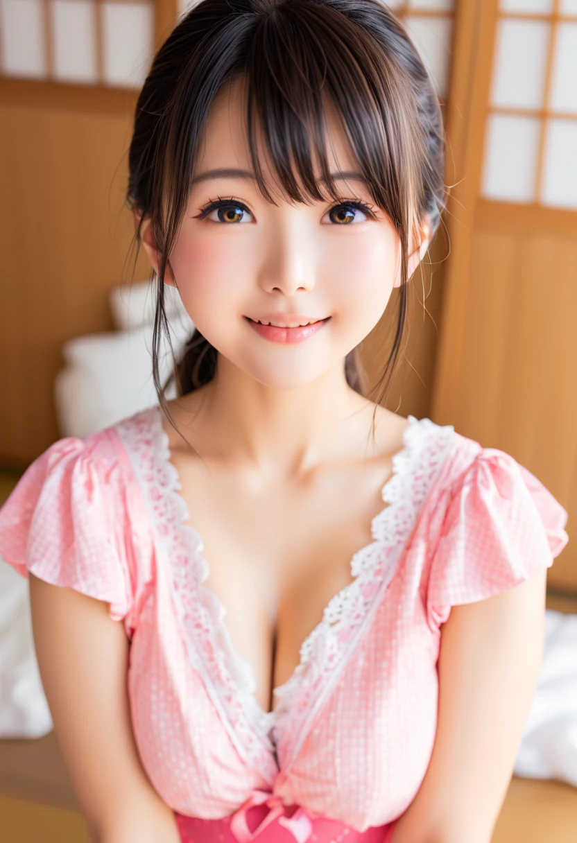 A very cute face like an idol、like々A 19-year-old woman with a cute face、Gentle and cute、A kind smile、(((Japanese Yukata)))、(night)、Sleeping on a futon in a Japanese-style room (washitsu) of a ryokan.、((Cleavage、I can see your thighs))、((Full body portrait))、RAW Photos、Genuine、High resolution