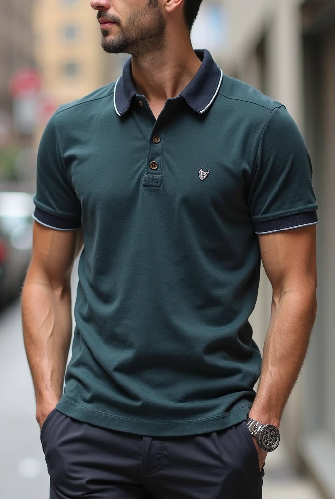 Handsome italiano muscular man beard, strong and muscular legs, big lump, artwork, sonriendo, super sexy in jeans and Green polo shirt with blackstripes 8k ultra realistic masterpiece great detail next to a font super muscular , sexy , en el parque, 40 años de edad , de perfil 