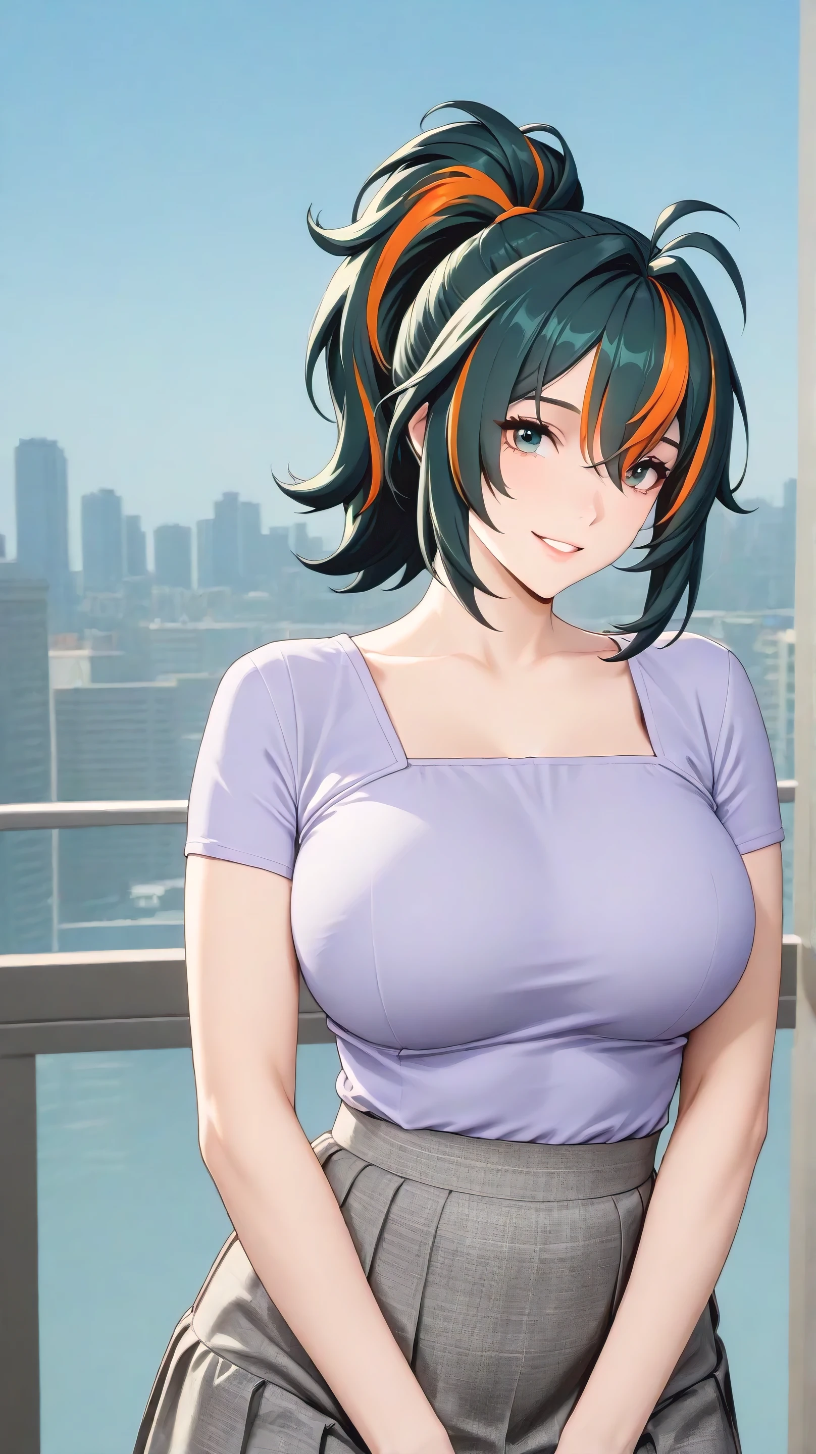masterpiece, extremely detailed,realisric skin texture,4k,solo,1girl,adult ,((fullbody)),zhu yuan,ponytail streaked hair,happy,slim body, sexy legs,perfect body,large breasts,housewife,grey hot skirt, oversize purple tshirt,soft light, high detailed, best quality, upper body,, blue plain background ,blue background,looking at viewers,back look,sexy pose, photography,cowboy shot,doggy style, printed pattern using costume attractive design and royal looks, front view, outdoor in big buildings background.