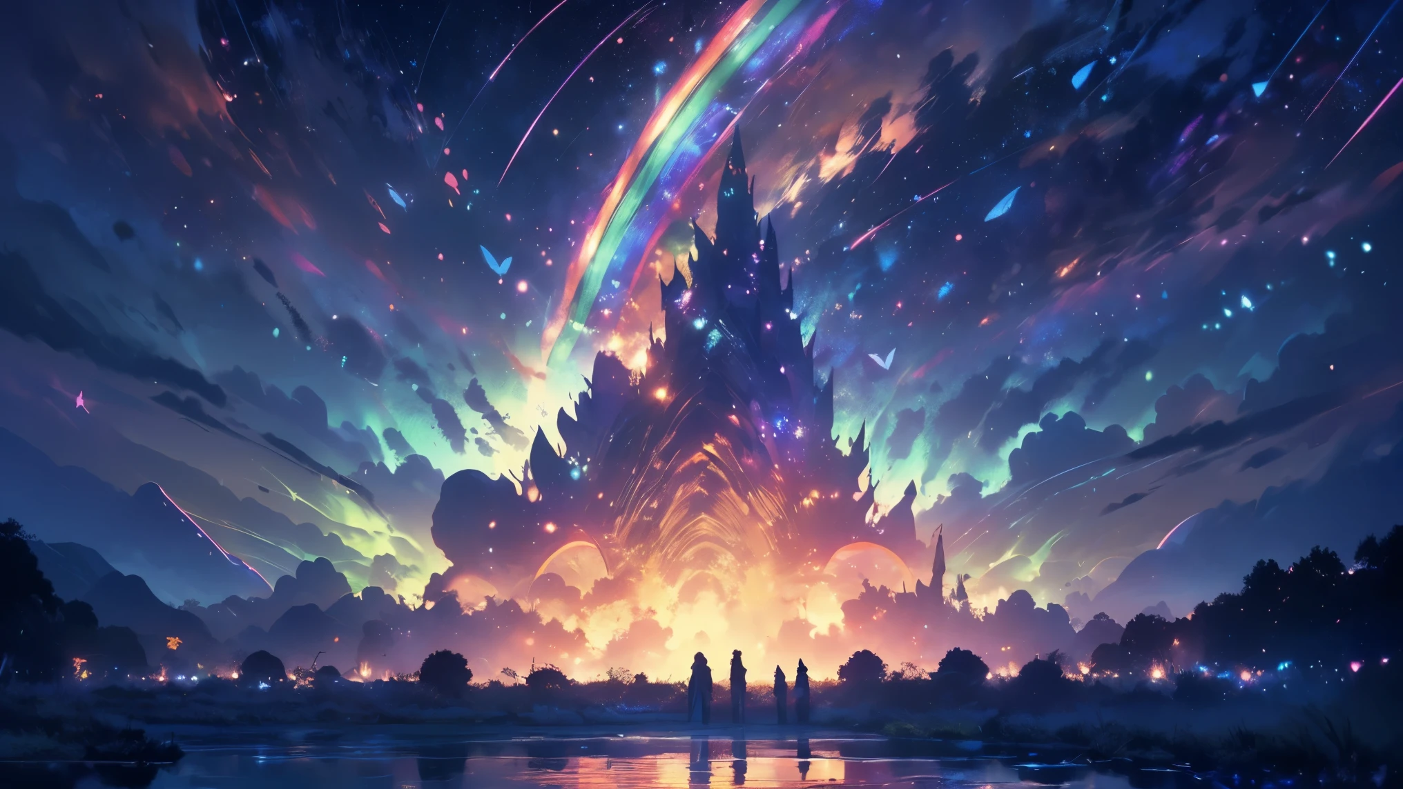 rainbow,超high image quality,high image quality,high quality of wavy lines,Enchanted Mysterious Forest , (Lots of Neon Colored Butterflies),Solemn Atmosphere, Pure blue water river fountain, Golden Mini Fairy, (((emits fluorescent blue, lots of succinants Agave glows))), Extremely beautiful scenery , (Super Real), {Highly Detailed 8k CG Unit Wallpaper}, (Low Perspective Prioritizing the Overall Scene), (Wide々A view of the field ), (Low Angle Shot),(lowlight), (Warm Light Source : 1.0), Complicated Details, (((Seven colors of the rainbow ))), (bright light that emits bubbles), (Atmosphere lighting), nature, Magically Beautiful Scenery, landscape,((Triple Overlapping Rainbows)),