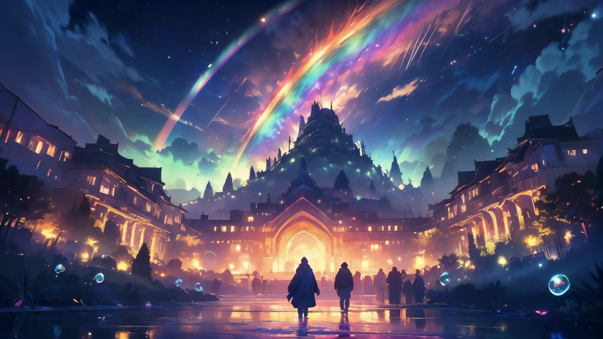 rainbow,超high image quality,high image quality,high quality of wavy lines,Enchanted Mysterious Forest , (Lots of Neon Colored Butterflies),Solemn Atmosphere, Pure blue water river fountain, Golden Mini Fairy, (((emits fluorescent blue, lots of succinants Agave glows))), Extremely beautiful scenery , (Super Real), {Highly Detailed 8k CG Unit Wallpaper}, (Low Perspective Prioritizing the Overall Scene), (Wide々A view of the field ), (Low Angle Shot),(lowlight), (Warm Light Source : 1.0), Complicated Details, (((Seven colors of the rainbow ))), (bright light that emits bubbles), (Atmosphere lighting), nature, Magically Beautiful Scenery, landscape,((Triple Overlapping Rainbows)),