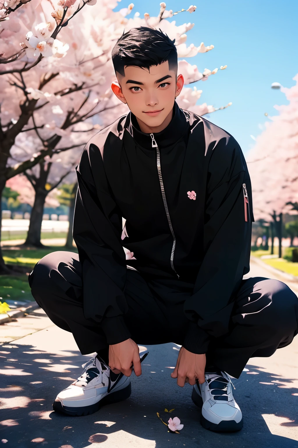 Man Two handsome very short black hair Shaved head Shaved head smile cute solid black long sleeve black tight high neck shirt full zip up Tight Long Pants show me Megamokkori Sit down on the ground wide thigh opening blue sky Cherry blossom trees in the background cherry blossoms in full bloom