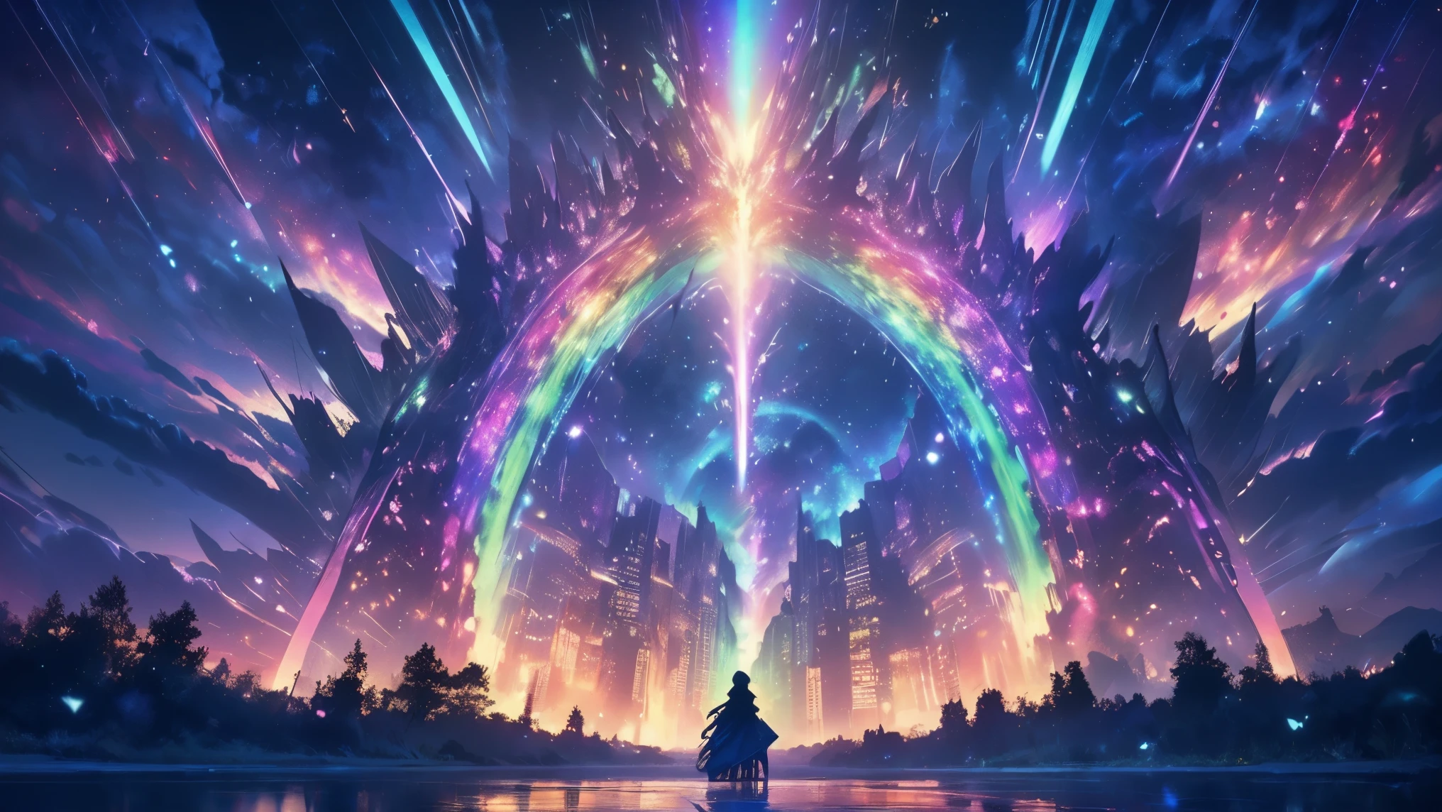 rainbow,超high image quality,high image quality,high quality of wavy lines,Enchanted Mysterious Forest , (Lots of Neon Colored Butterflies),Solemn Atmosphere, Pure blue water river fountain, Golden Mini Fairy, (((emits fluorescent blue, lots of succinants Agave glows))), Extremely beautiful scenery , (Super Real), {Highly Detailed 8k CG Unit Wallpaper}, (Low Perspective Prioritizing the Overall Scene), (Wide々A view of the field ), (Low Angle Shot),(lowlight), (Warm Light Source : 1.0), Complicated Details, (((Seven colors of the rainbow ))), (bright light that emits bubbles), (Atmosphere lighting), nature, Magically Beautiful Scenery, landscape,((Triple Overlapping Rainbows)),