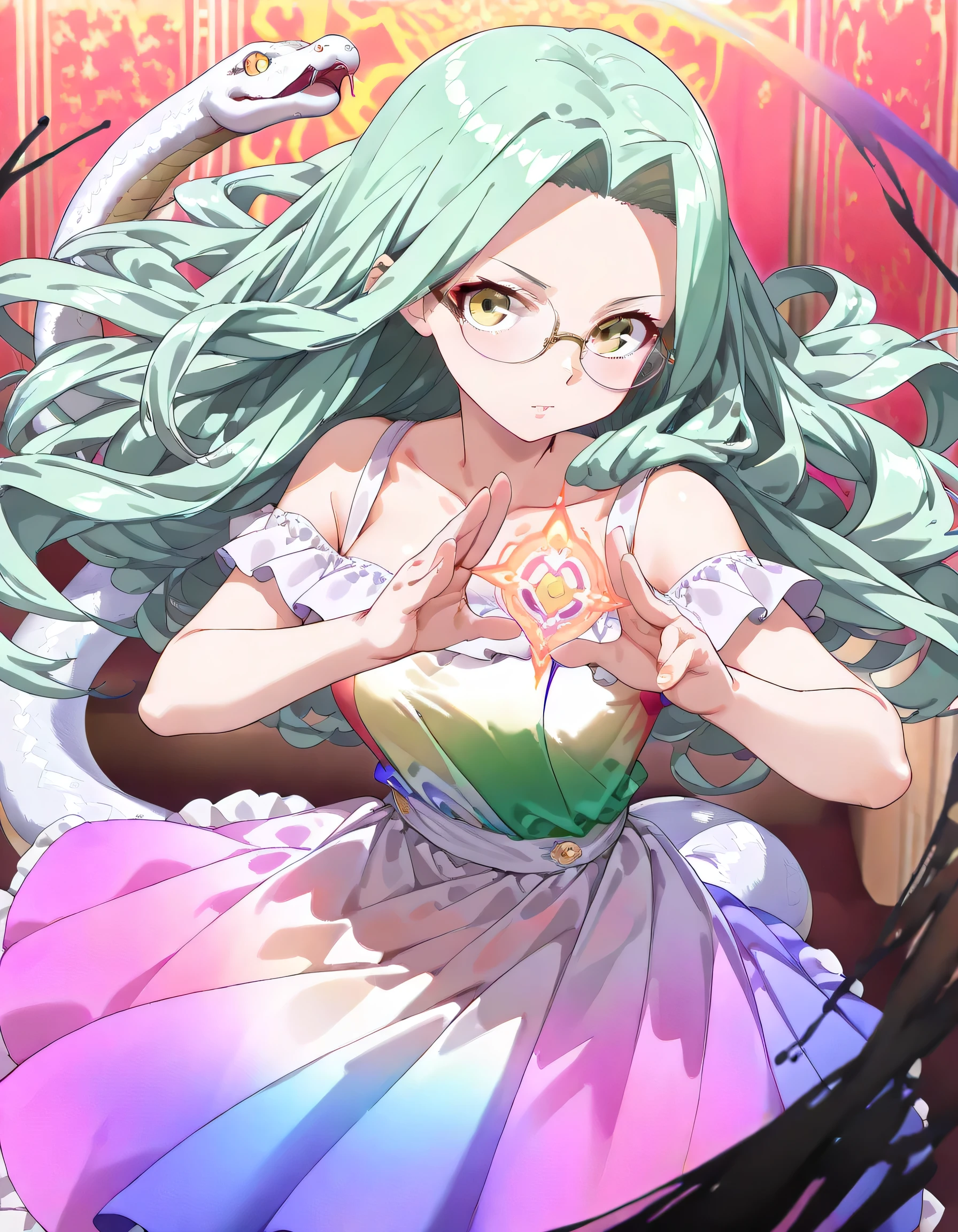 sideview+,(dynamic angle, dynamic magic spell stance pose),(looking away),solo,upperbody,(deep green snakes likes frizzy ((medusa+ style)) shoulder length hair),forehead,natural cosmetic,(looking at viewer:1.3),adult female face,glasses,old rainbow color shiny dress,snake tail,narrow golden eyes,oil painting,darkness color back ground,