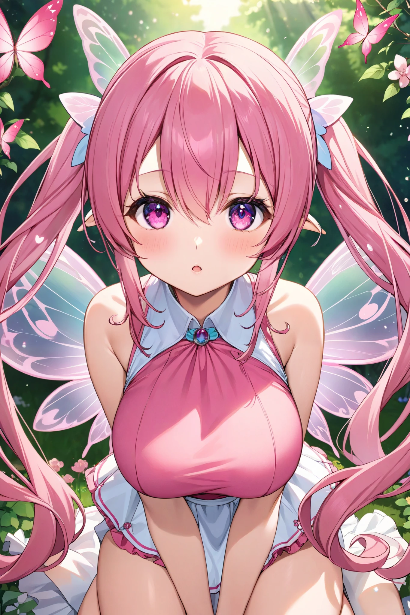 1 girl, fairy wings, pink hair, purple eyes, big, blushing, smiling, pretty, peace sign, (visible vagina), (flower petals on nipples)
