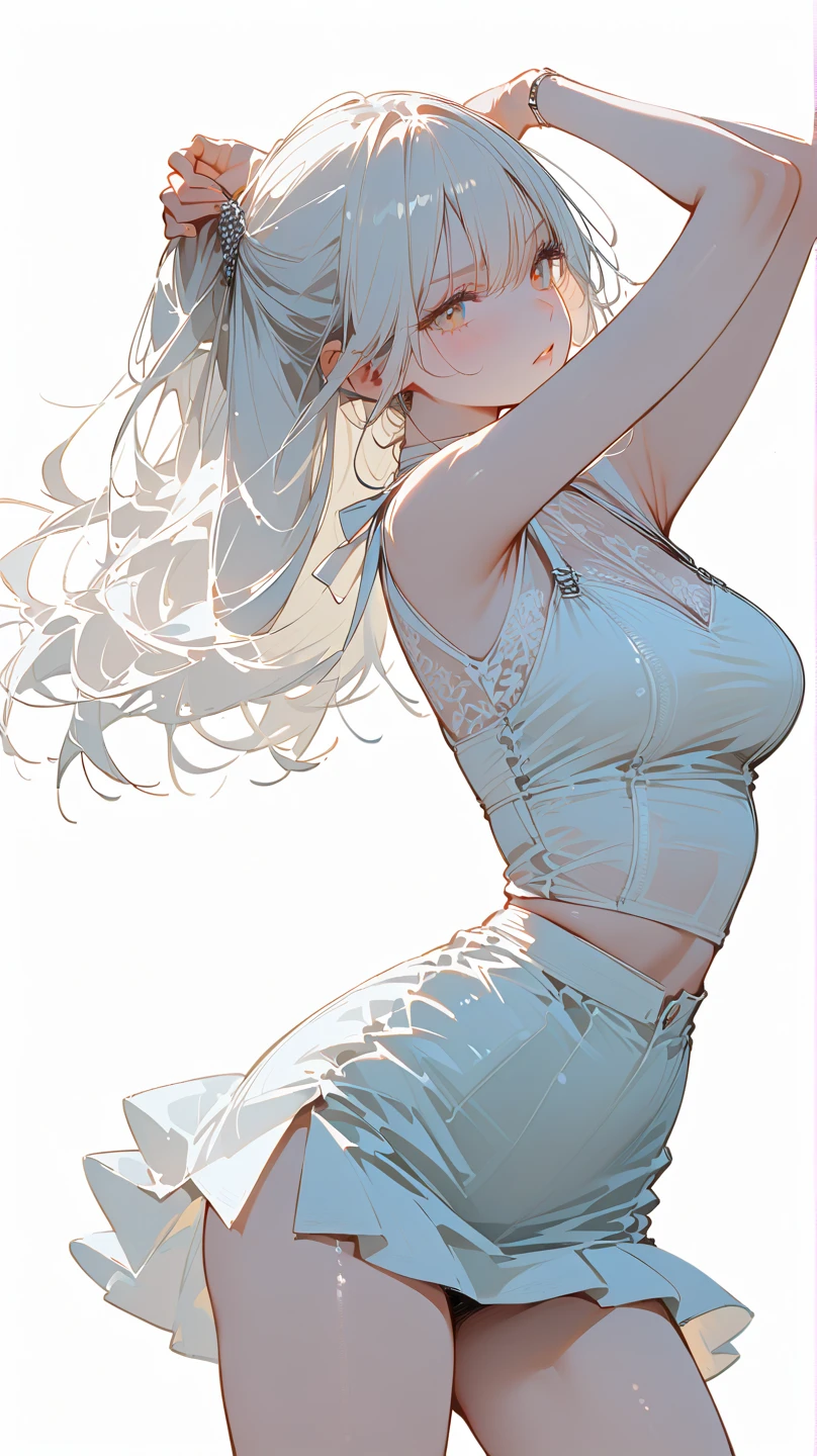 An illustration of a ghost girl in a sensual pose and with a micro skirt appearing the tiny thong, roupas totalmente brancas, pele branca e cabelos brancos, quase nua, Tiny thong, seios grandes, decote generoso, bunda grande, toda transparente, light behind her, ghosty aura, sorriso malicioso, rosto lindo e limpo, corpo perfeito