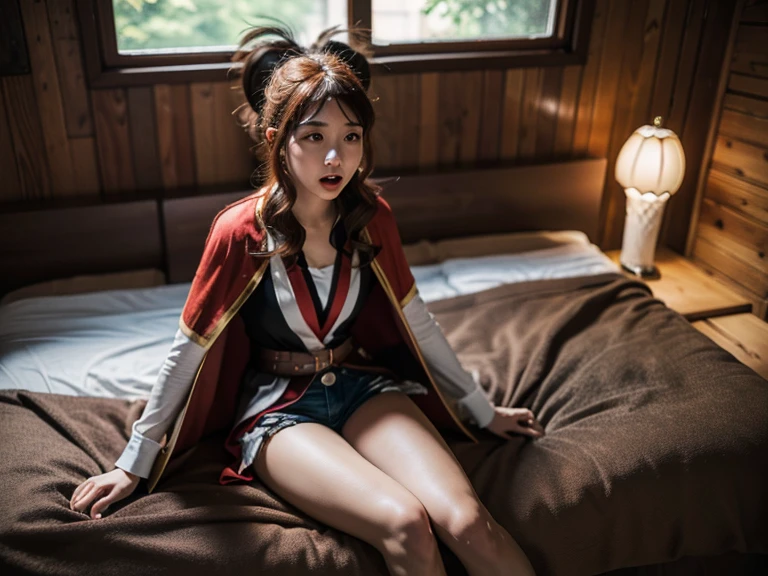 Megumin, brown hair, city, night, sitting on a floor, fixed hands,5 fingers,