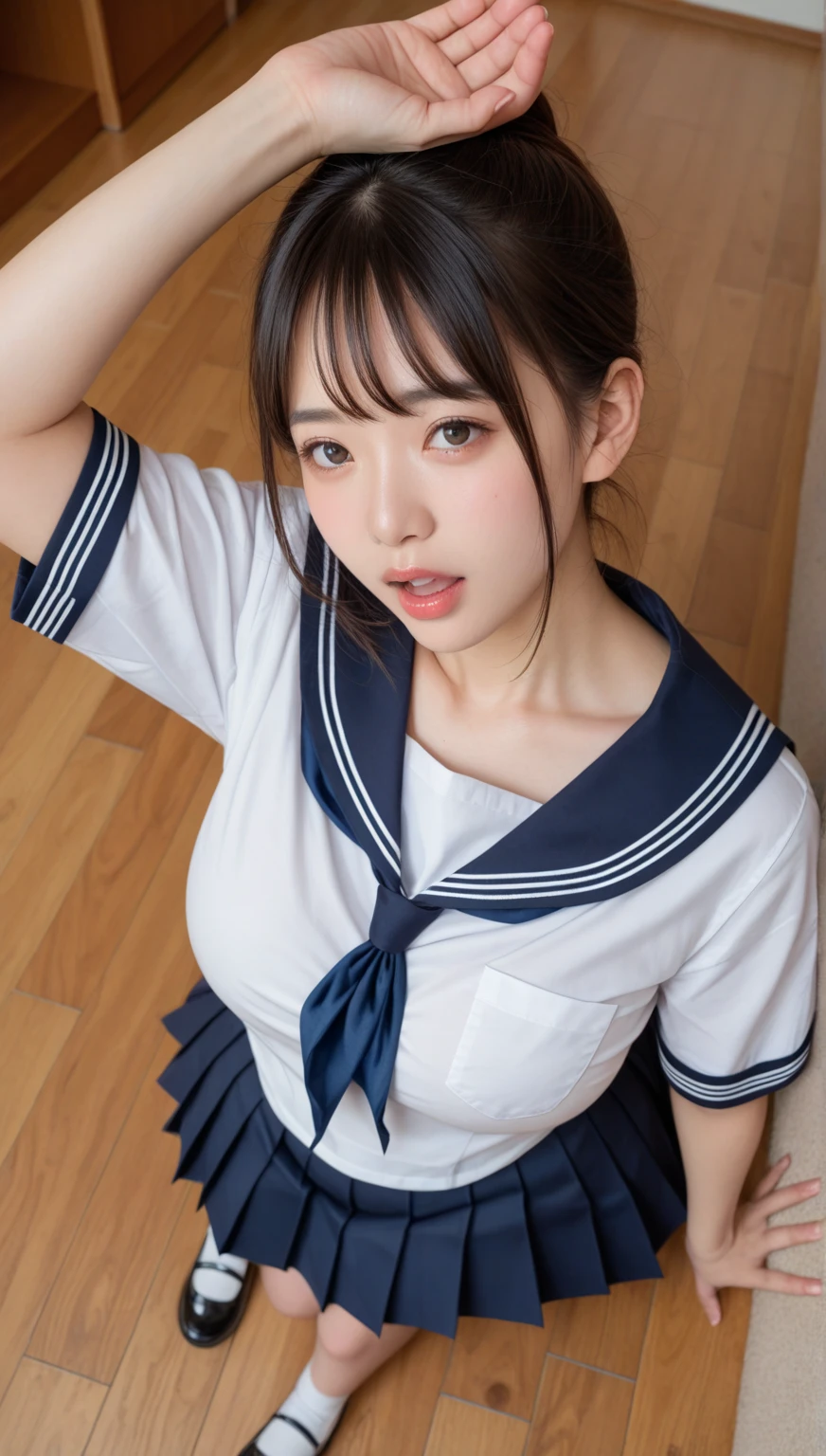 ulzzang-6500-v1.1, (Raw foto:1.2), (Photorealsitic), a beautiful detailed girl, extremely detailed eye and face, beatiful detailed eyes, huge filesize, (huge tit), hight resolution, ighly detailed, top-quality, [​masterpiece:1.6], [JK school uniform], illustratio, ighly detailed, CG, finely detail, top-quality, Highly detailed CG uniform 8k wallpaper, Cinematographic lighting, 1girl in、17 age、Cute Japan high school girl、perfect body type、large, taut chest、[huge-breasted、heavy breasts、H-cup:1.8]、Cute droopy eyes、Beautiful big eyes、Sweating and getting wet、[sexual excitement:1.1]、[lyin in bed:1.5]、Raise both hands、School uniform ribbon around neck、A slight smil、(the whole body is wet)、Shining eyes、Nipples are visible、All Nude