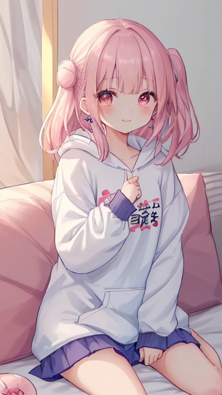 Highly detailed face,fine grain,Waterfront,Sparkling eyes,Highlighted eyes,Medium chest,pretty girl,smile,Cat ear,Beautiful silver hair,Pink inside,Beautiful pink eyes,Oversized shirt、skirt、black tights